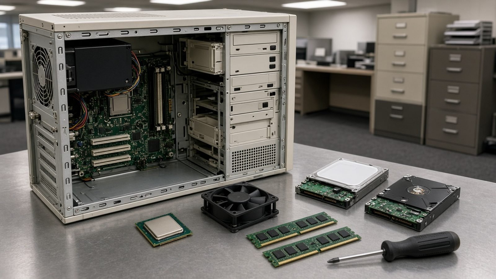 An open office computer with chips and drives laid out on a metal desk