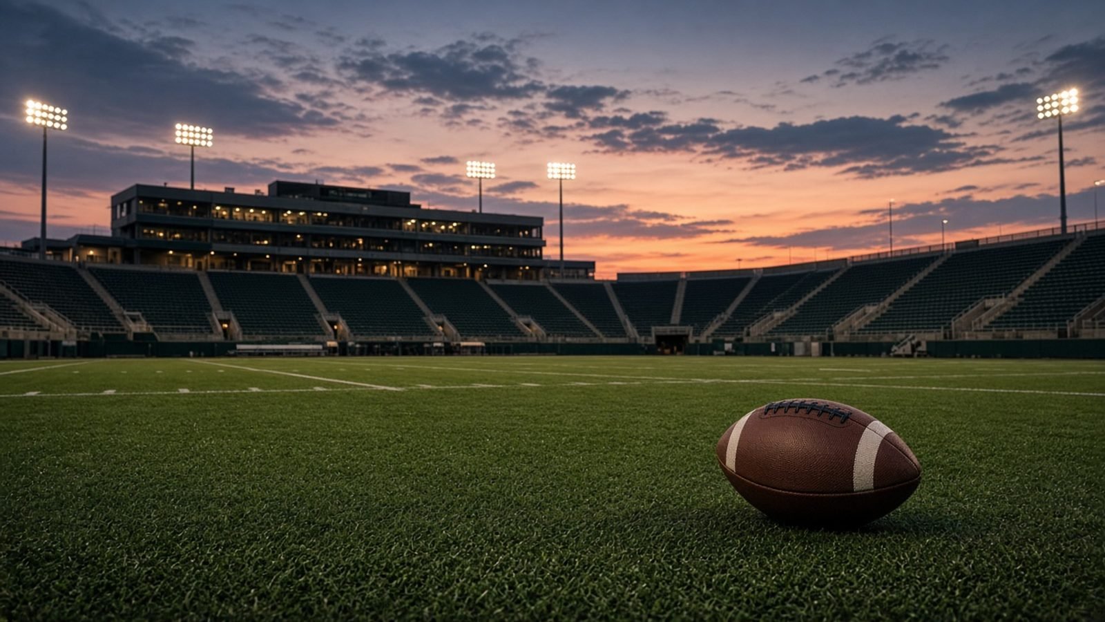 An empty college football stadium at dusk with a football on the turf
