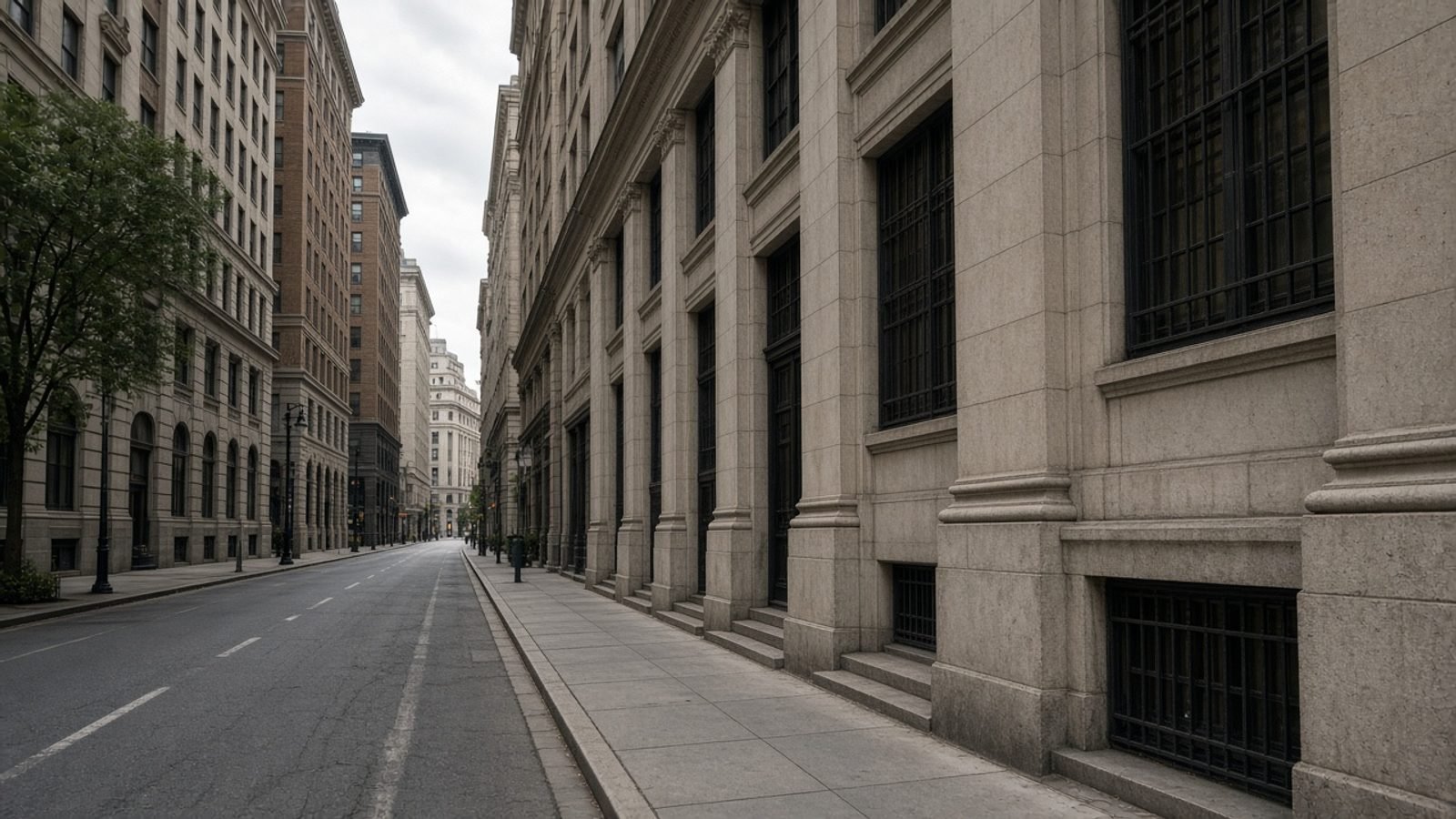 An empty financial-district street on a quiet Sunday afternoon