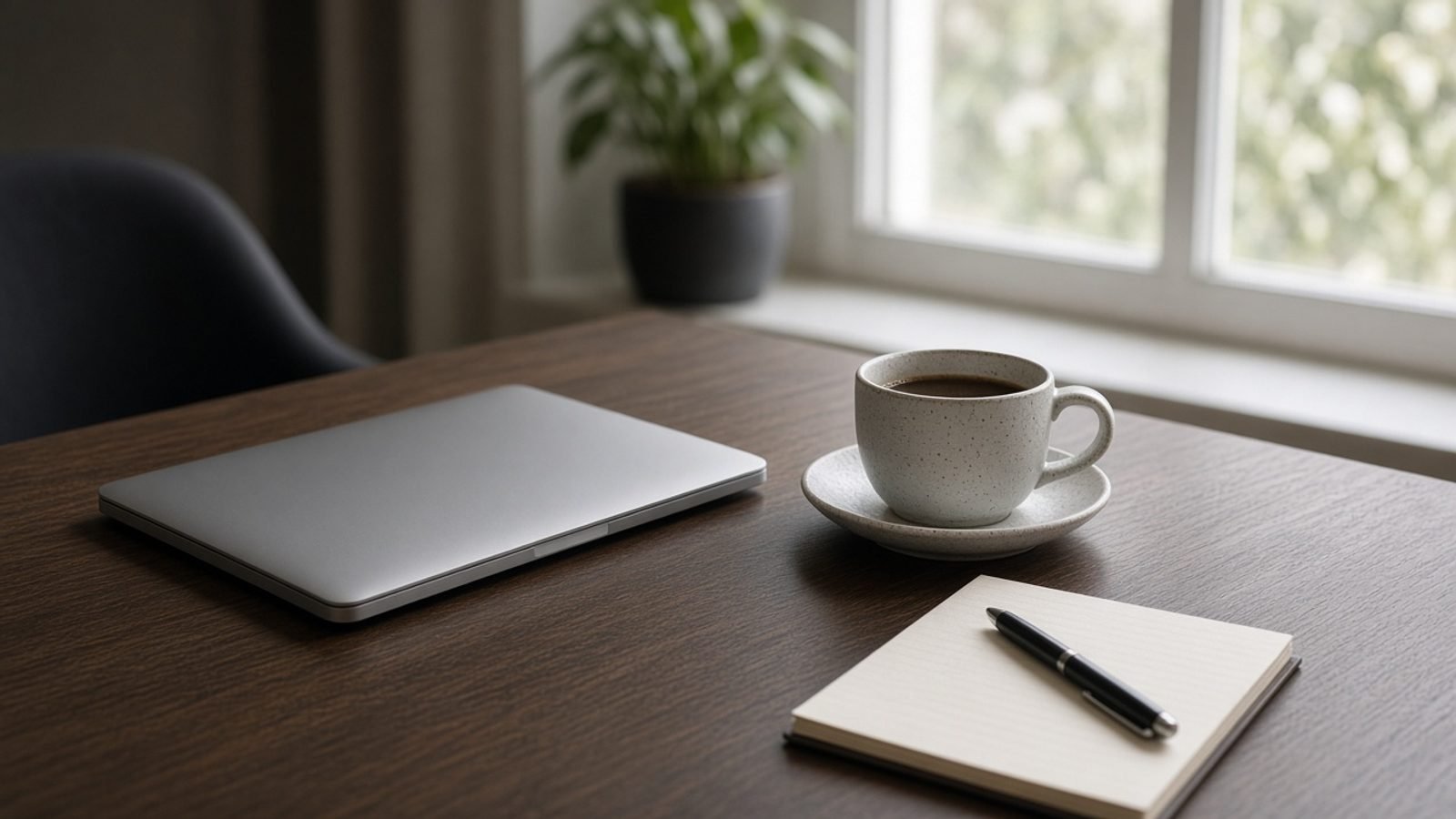 Sunday afternoon news desk with a closed laptop and a coffee cup
