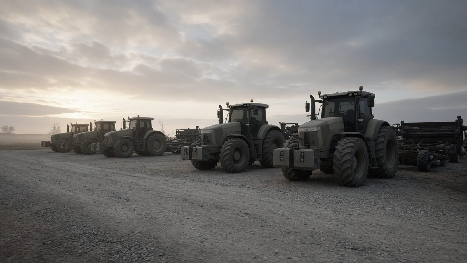 Unused tractors parked in a dusty farm equipment lot at dawn
