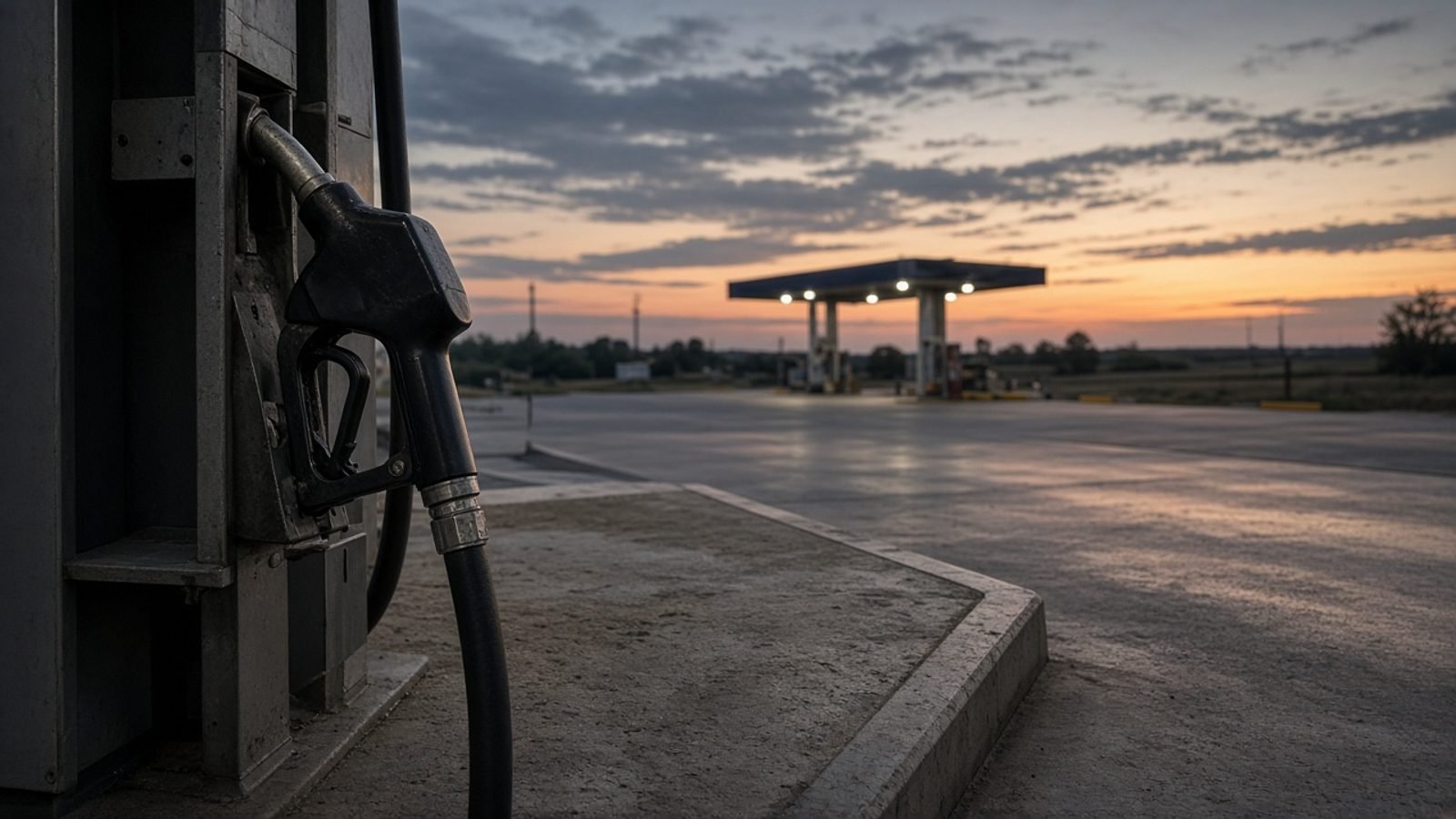 A diesel nozzle hanging at an empty truck-stop fuel island at dusk