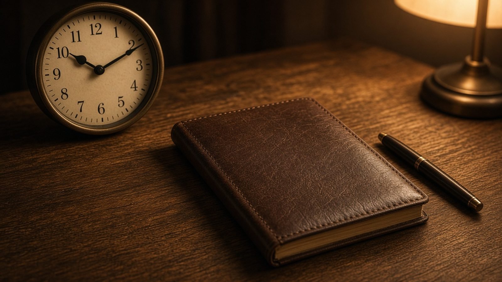An analog clock and a closed notebook on a table in evening light