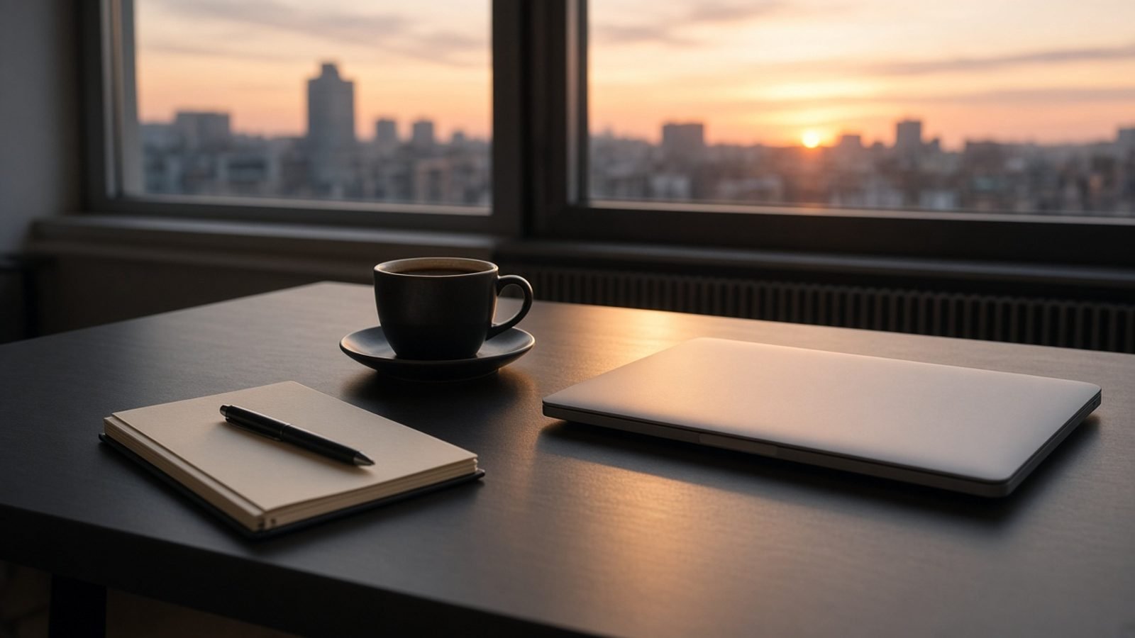 Sunday evening news desk with a closed laptop and a coffee cup