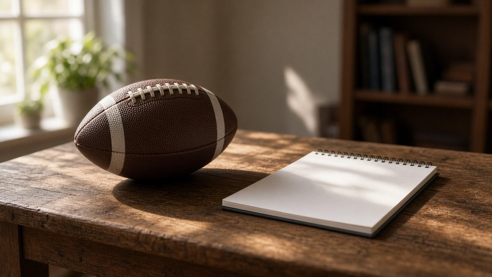 A football on a wooden table beside a blank notepad in morning light