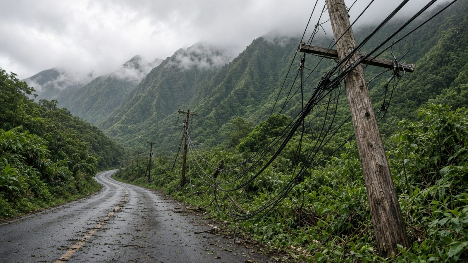 Wooden utility poles along a tropical roadside after a storm