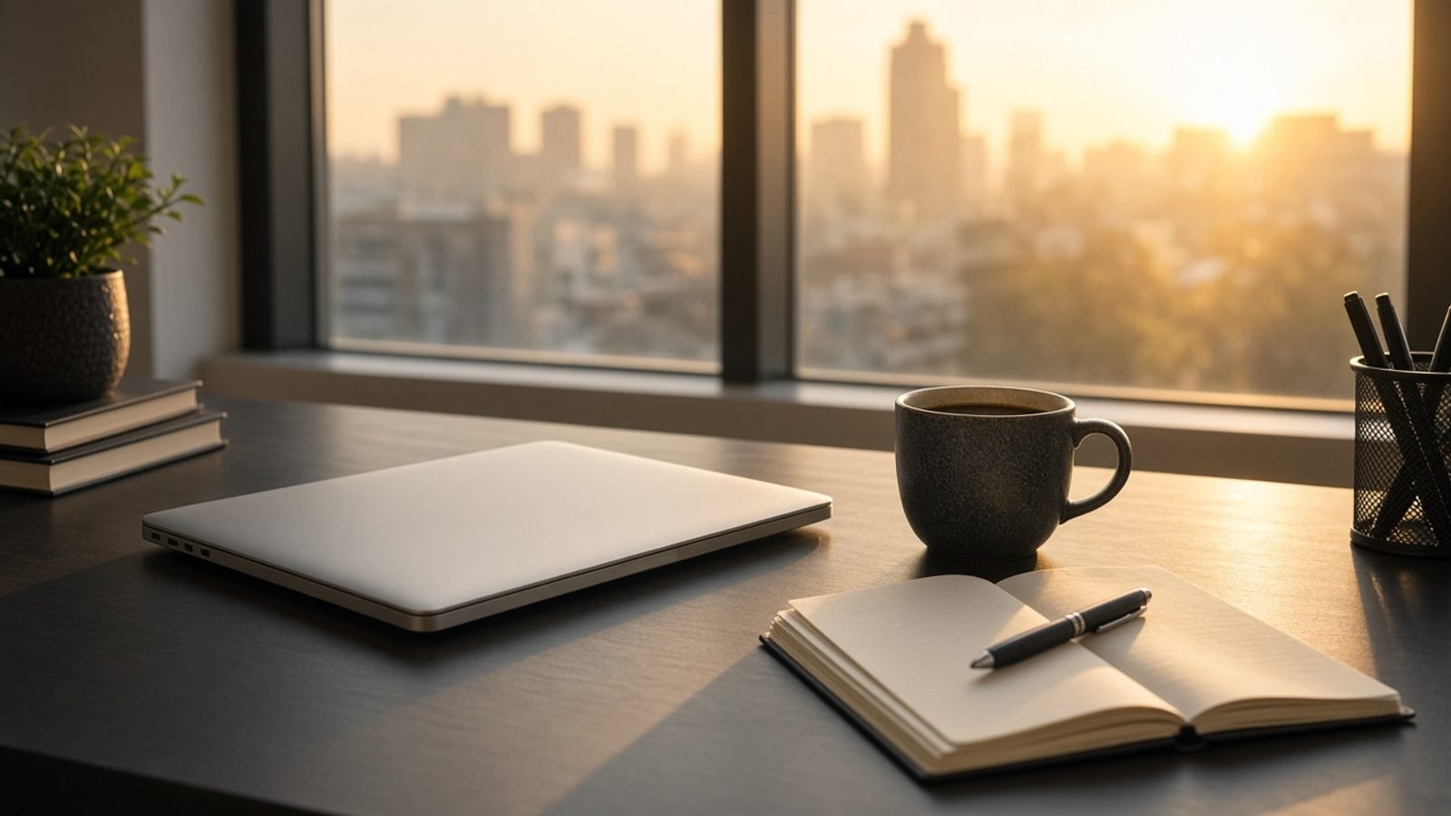Monday morning news desk with a closed laptop and coffee at sunrise