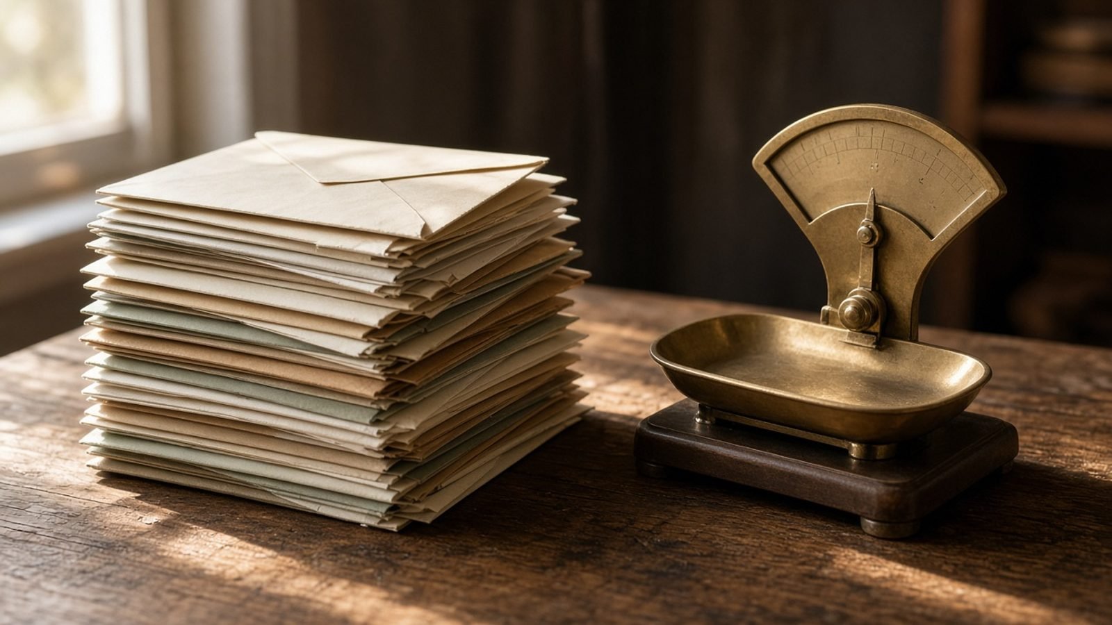 Stacks of sealed envelopes on a wooden table beside a postal scale