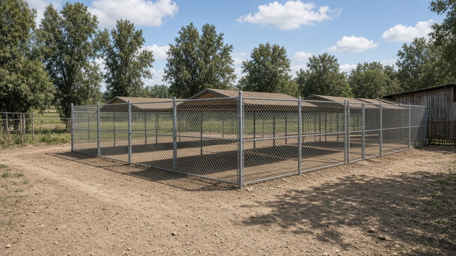 Empty chain-link kennels in a dirt yard on a rural property