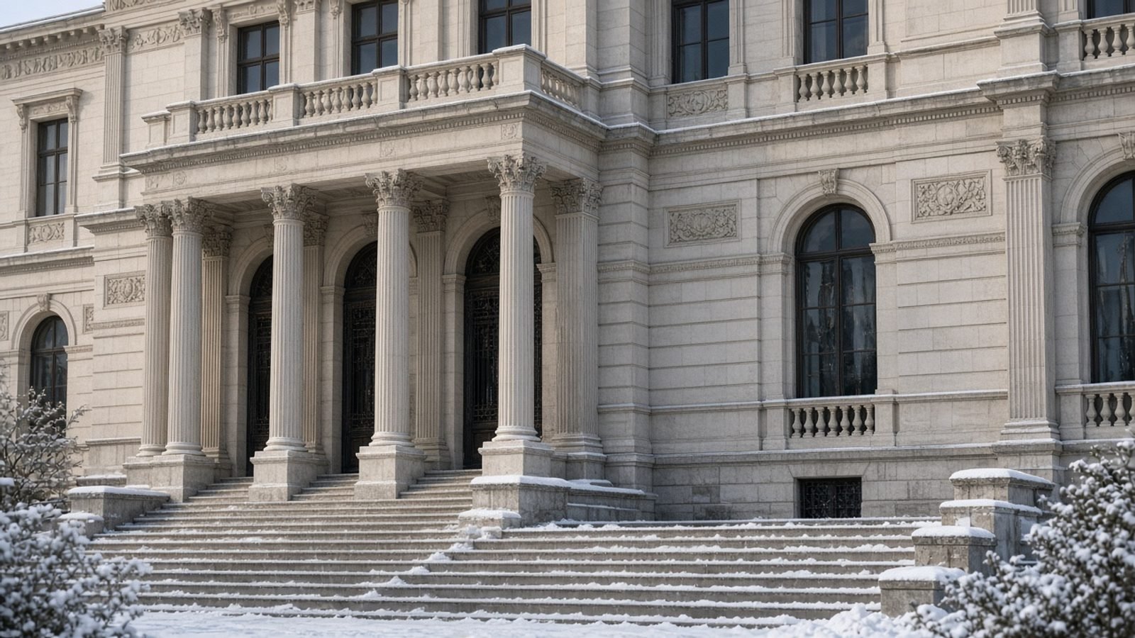 A grand official building facade with empty steps in winter light