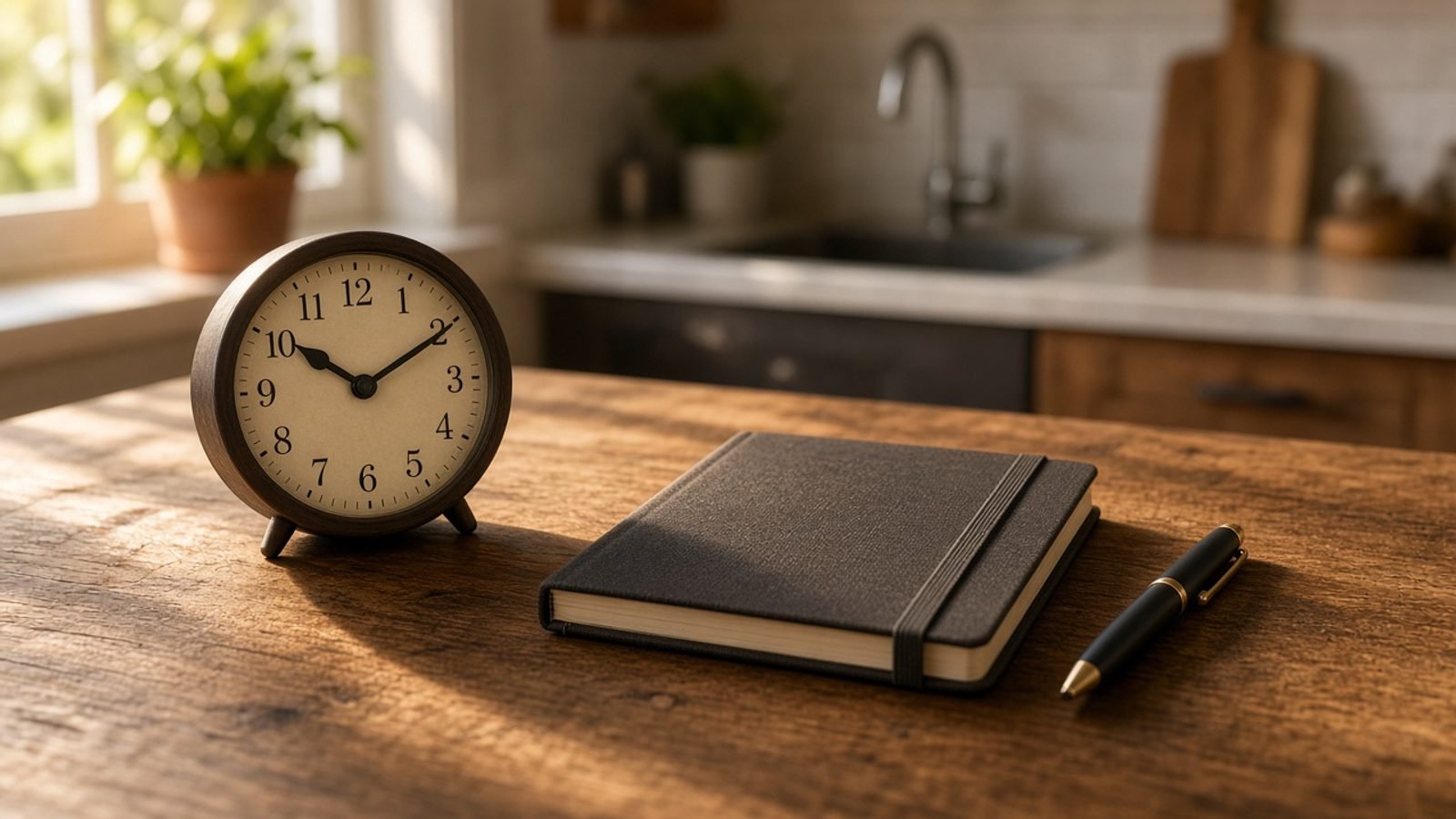An analog clock and a closed notebook on a kitchen table in afternoon light