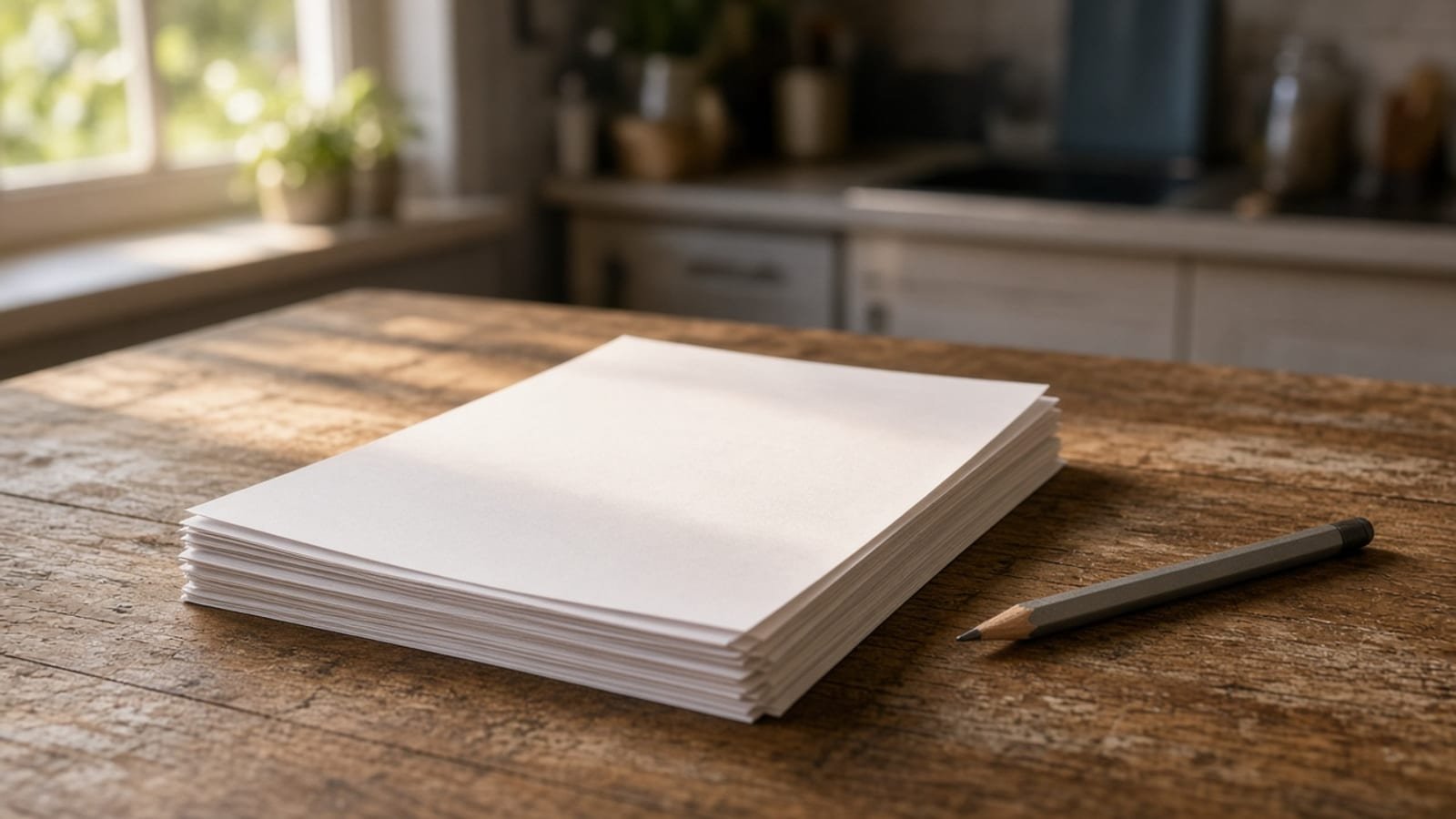 Unmarked paper ballots and a pencil on a wooden kitchen table