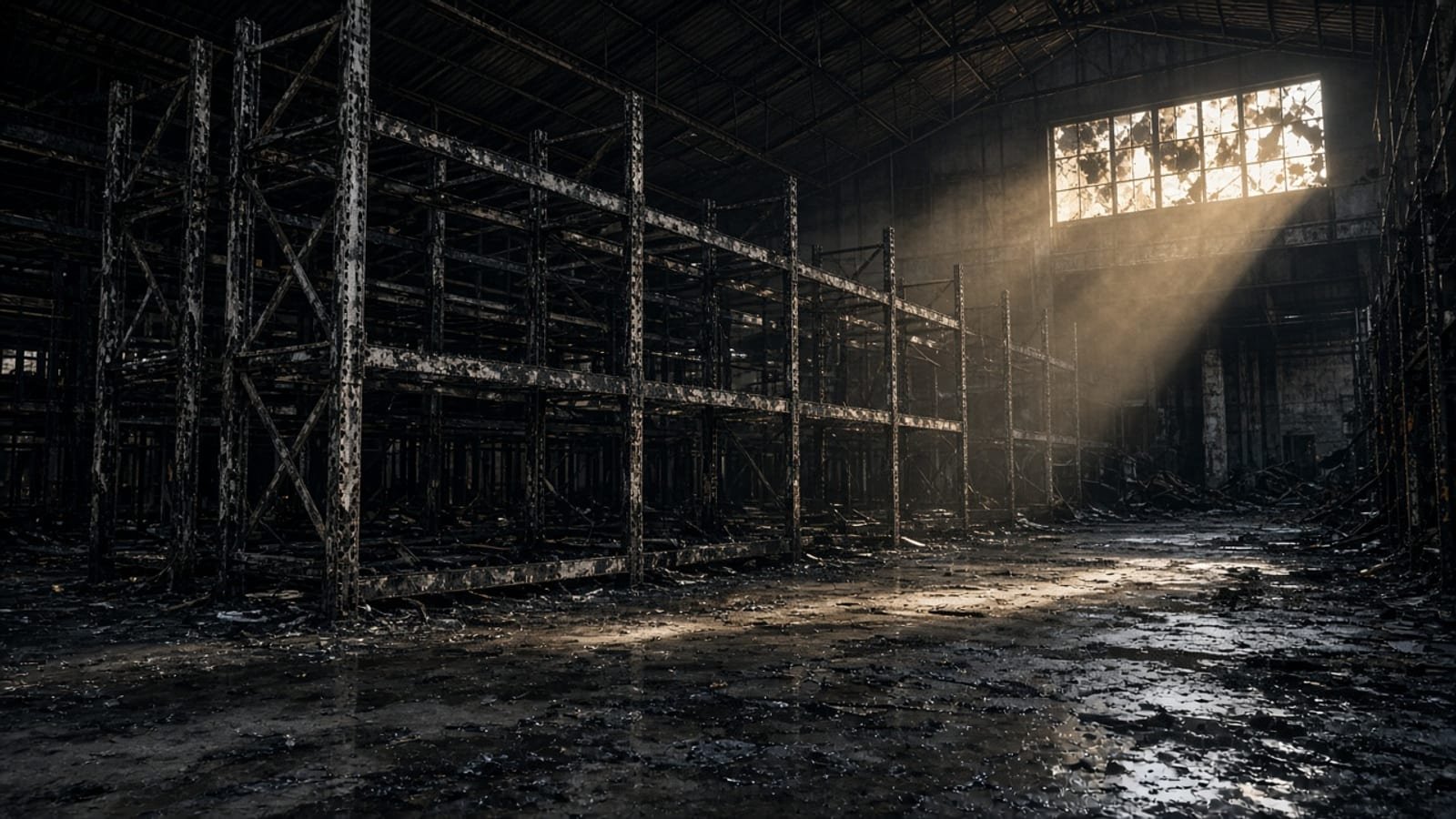 Charred empty pallet racks in a burned warehouse