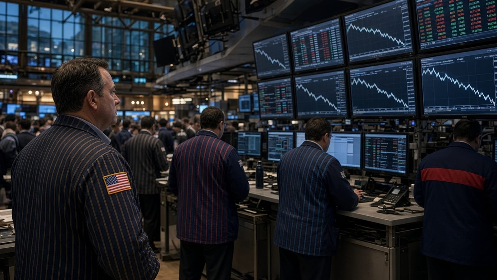 Traders watching monitors on a stock-exchange floor at the closing bell