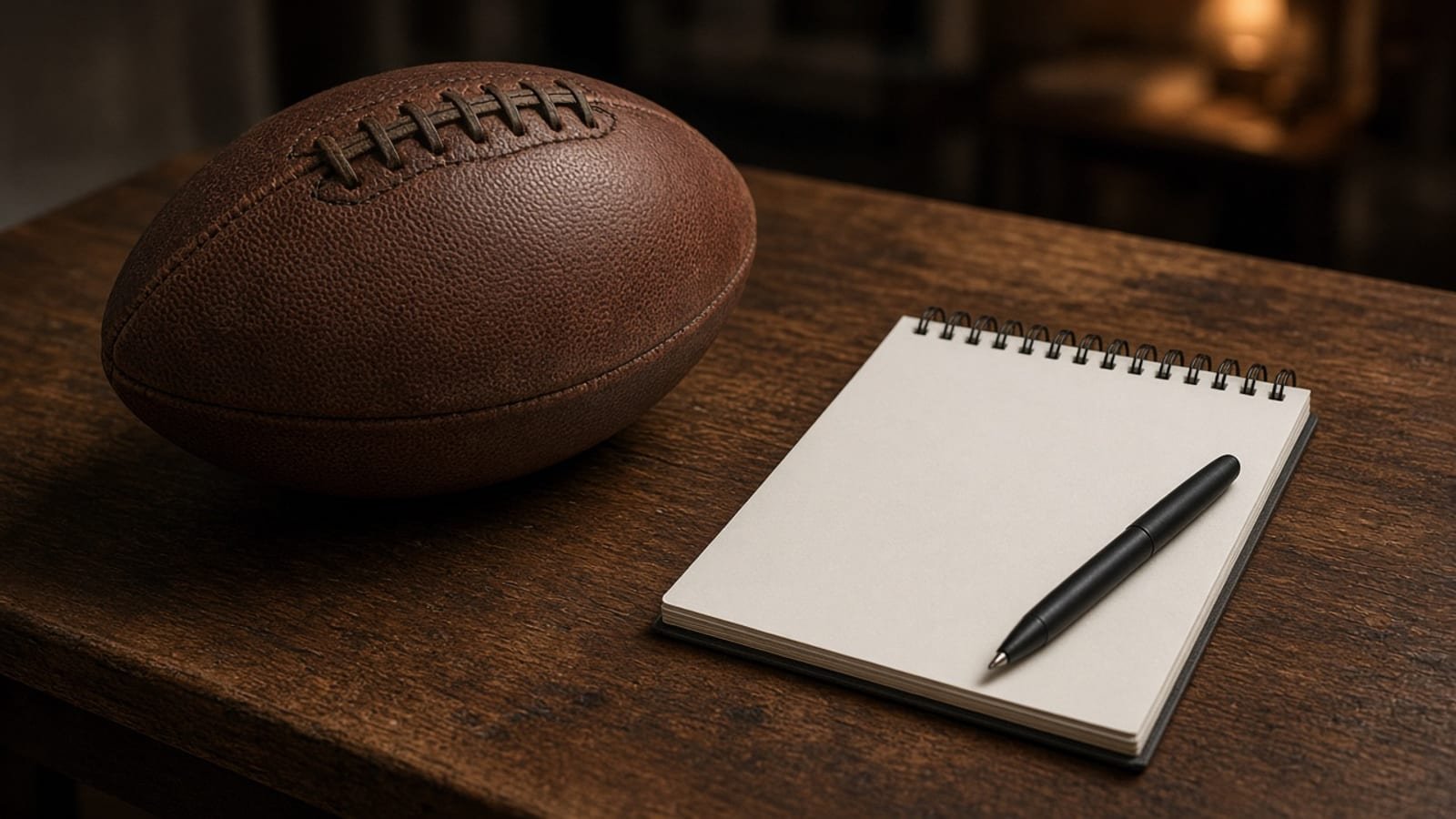 A football on a wooden table beside a blank notepad