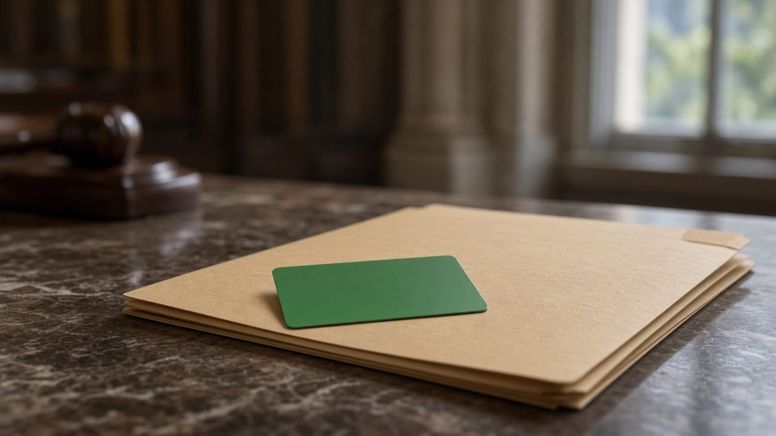 A blank card and a manila folder on a courthouse table