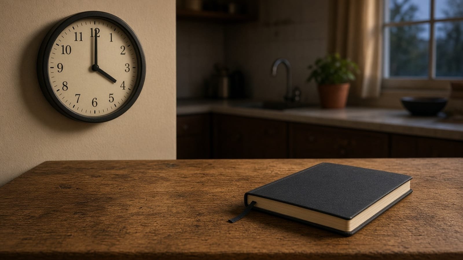 An analog clock and a closed notebook on a kitchen table in evening light