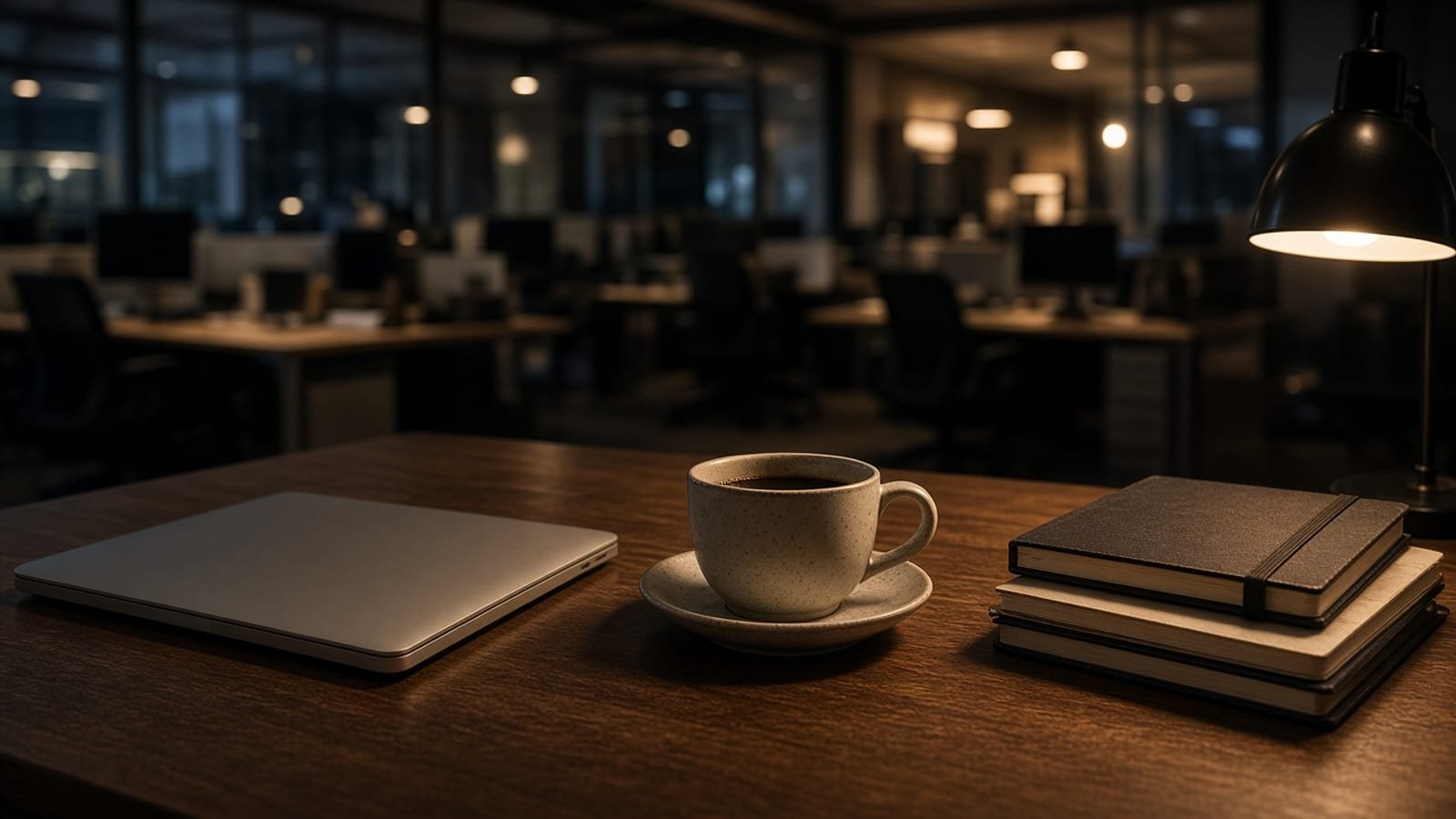 Monday evening news desk with a closed laptop and coffee