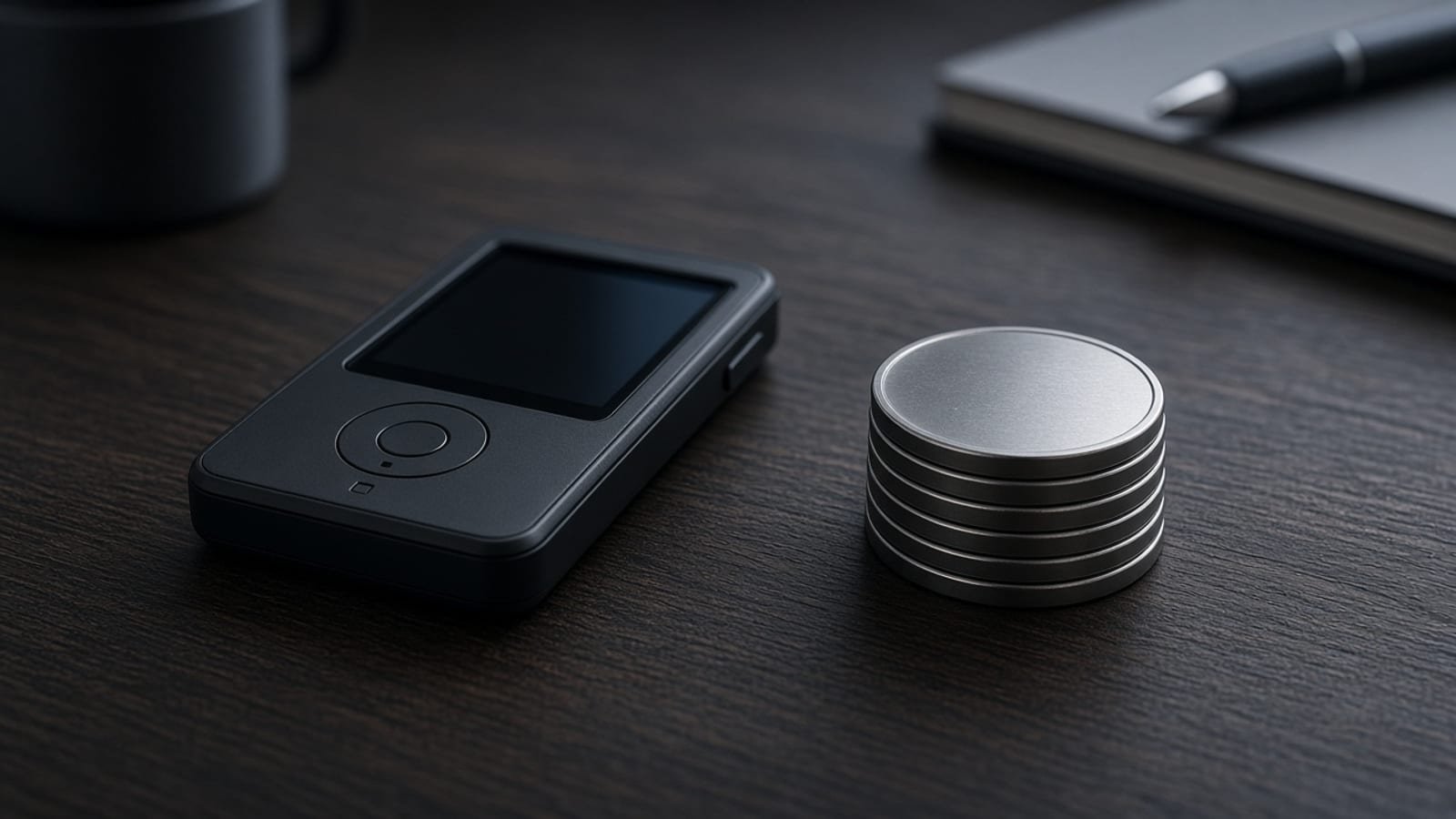 A hardware wallet and blank metal coins on a dark wooden desk