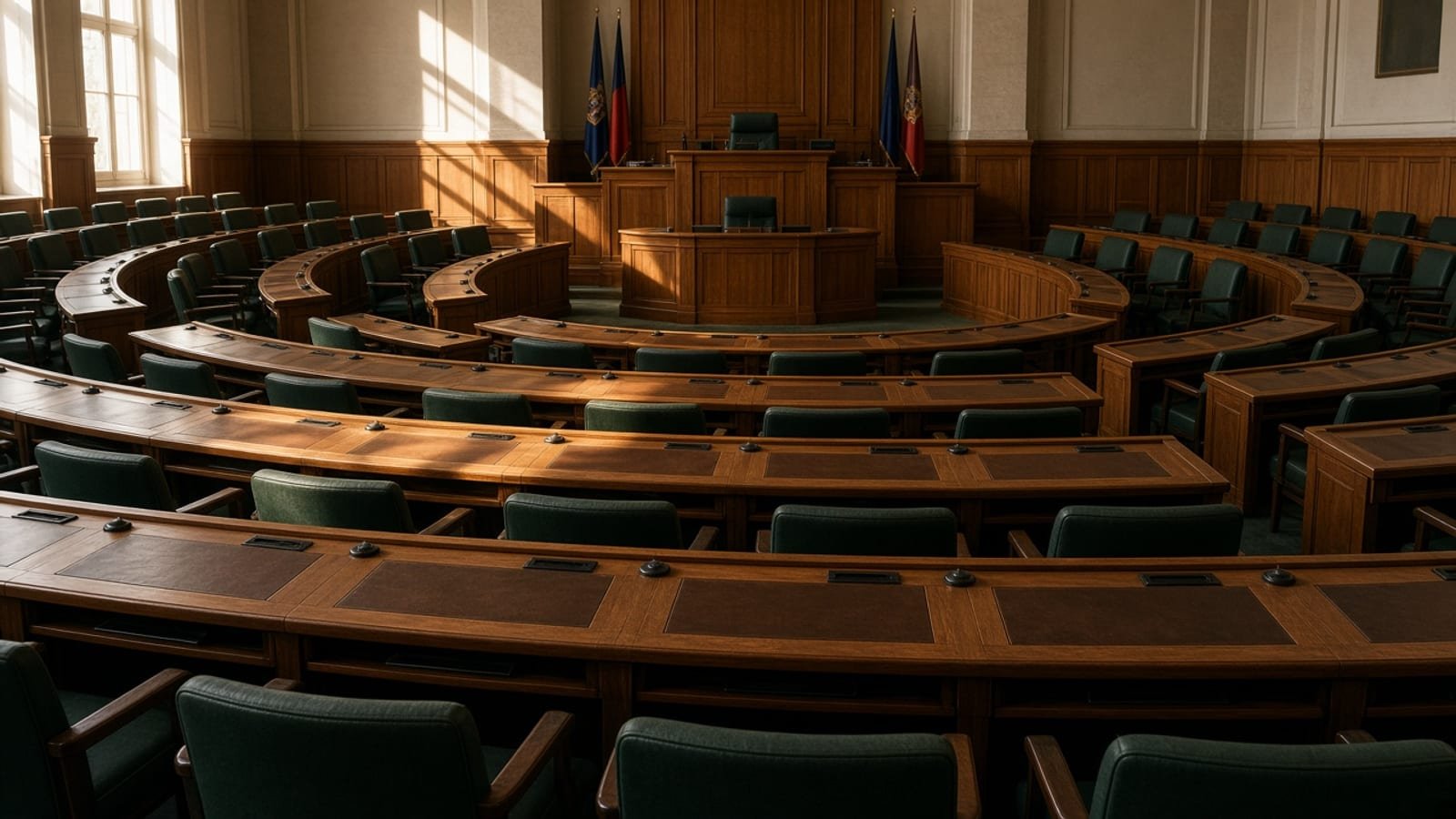 An empty parliamentary chamber with wooden desks in morning light