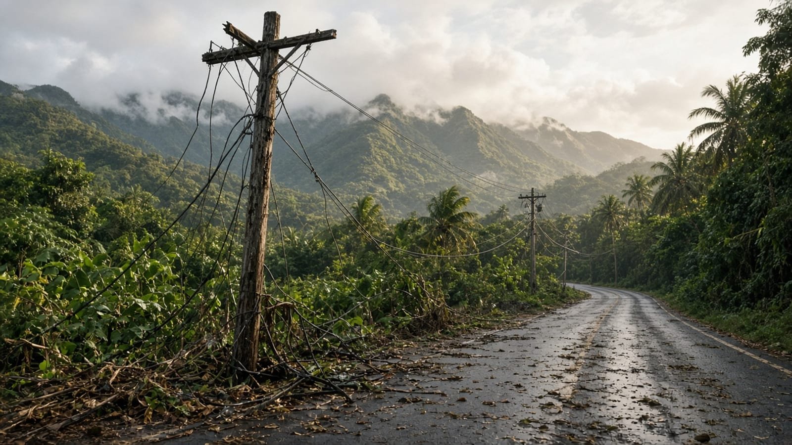 Wooden utility poles along a tropical roadside after a storm