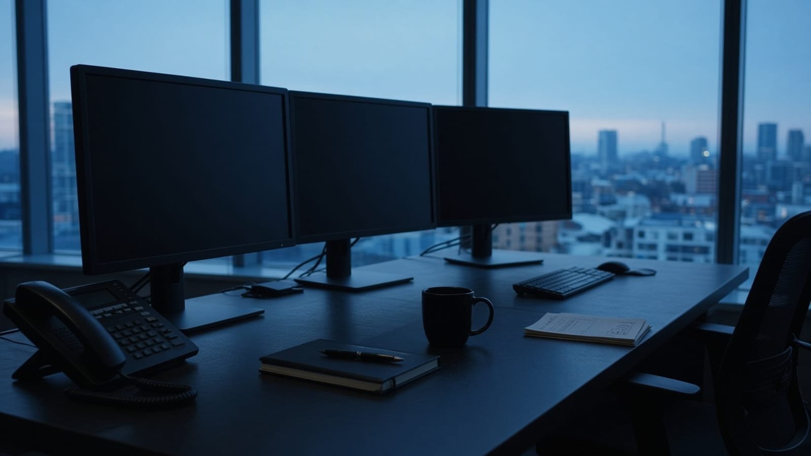 A pre-market trading desk with dark monitors at dawn