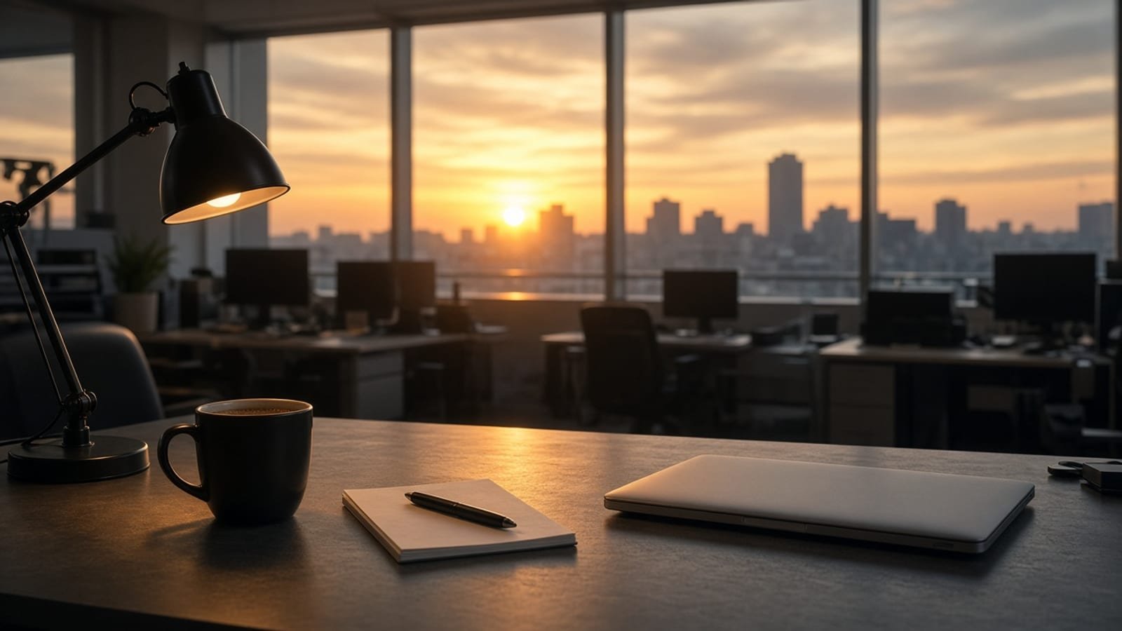 Tuesday morning news desk with a closed laptop and coffee at sunrise