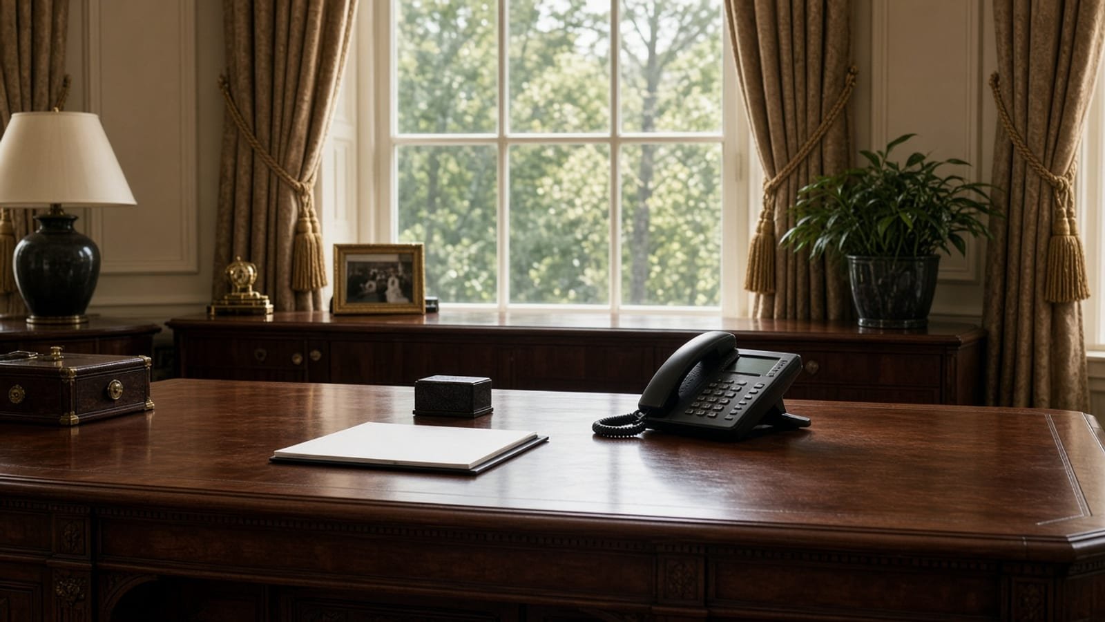 An empty wooden desk with a blank notepad and a black telephone
