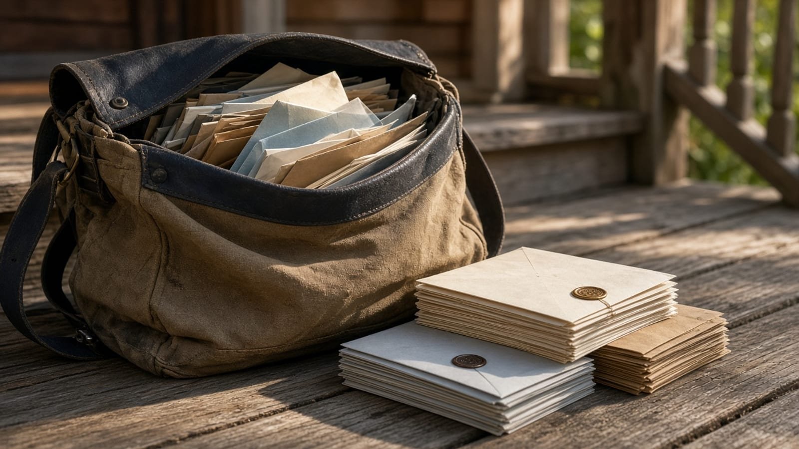 A canvas mail satchel and stacked sealed envelopes on a wooden porch