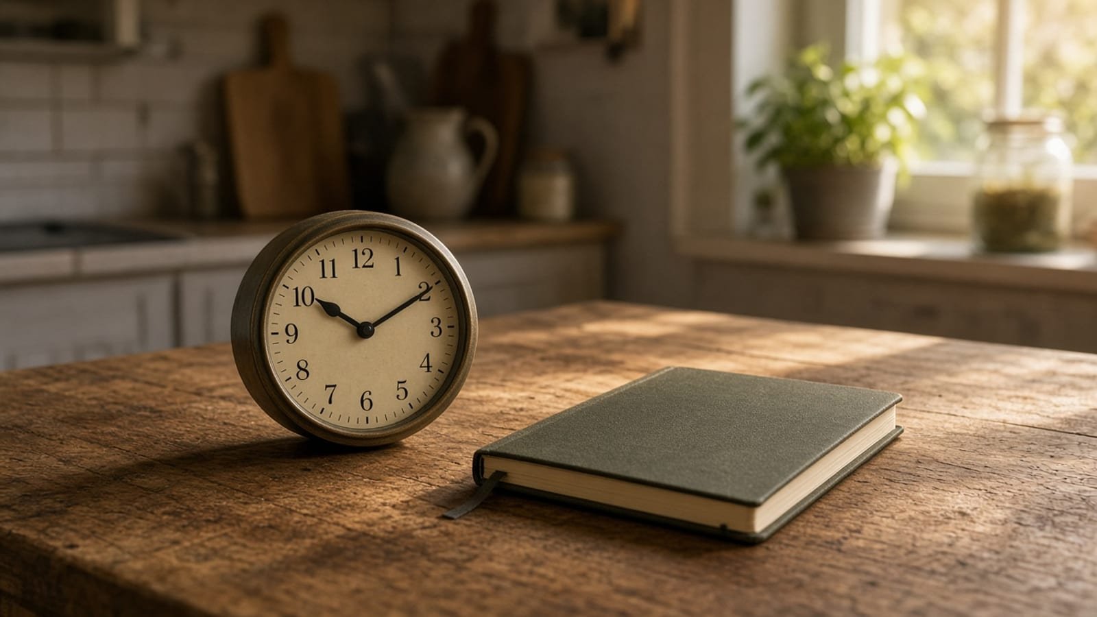 An analog clock and a closed notebook on a kitchen table in afternoon light