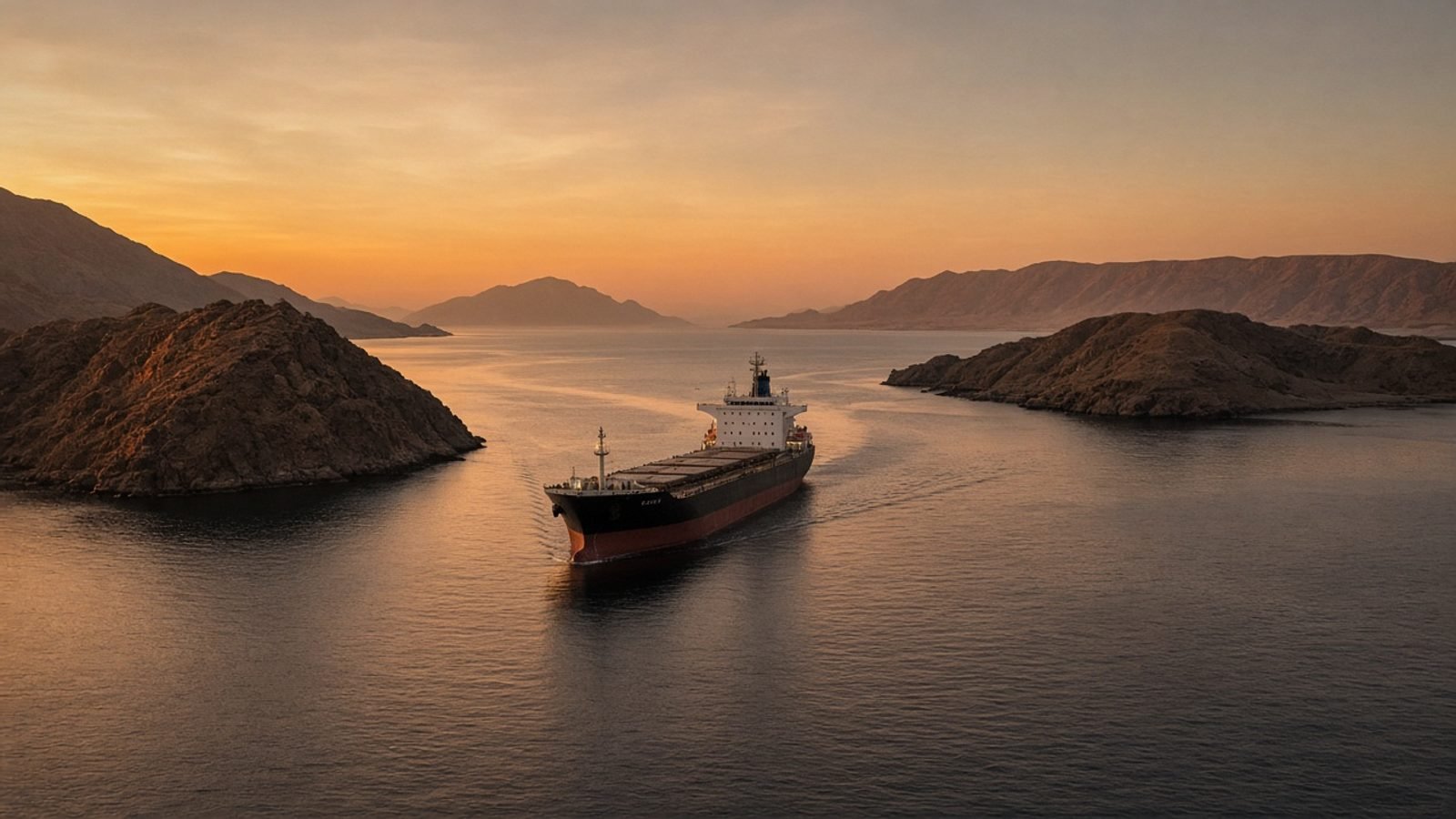 A cargo ship on a narrow desert Red Sea strait at dusk