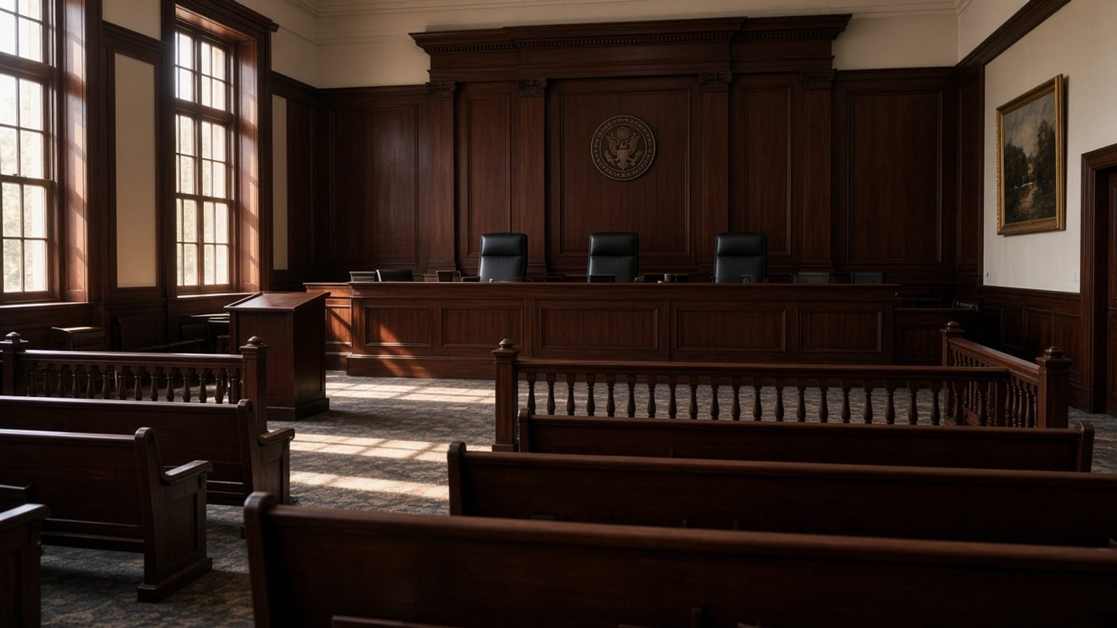An empty appellate courtroom with wooden benches in late afternoon light