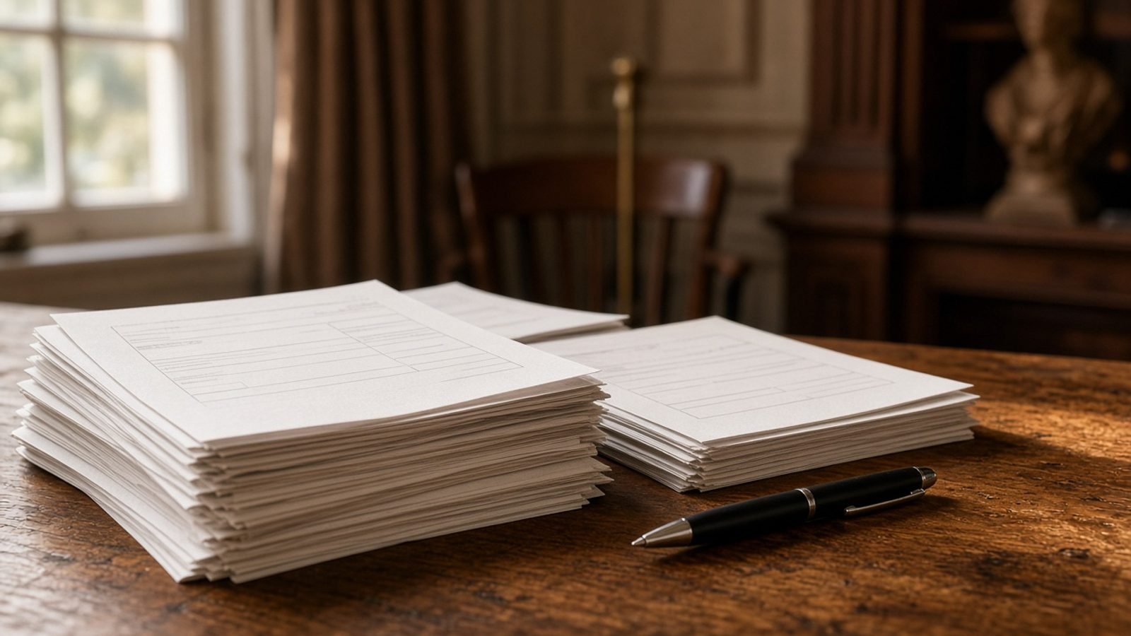 Blank voter forms and a pen on a wooden courthouse table