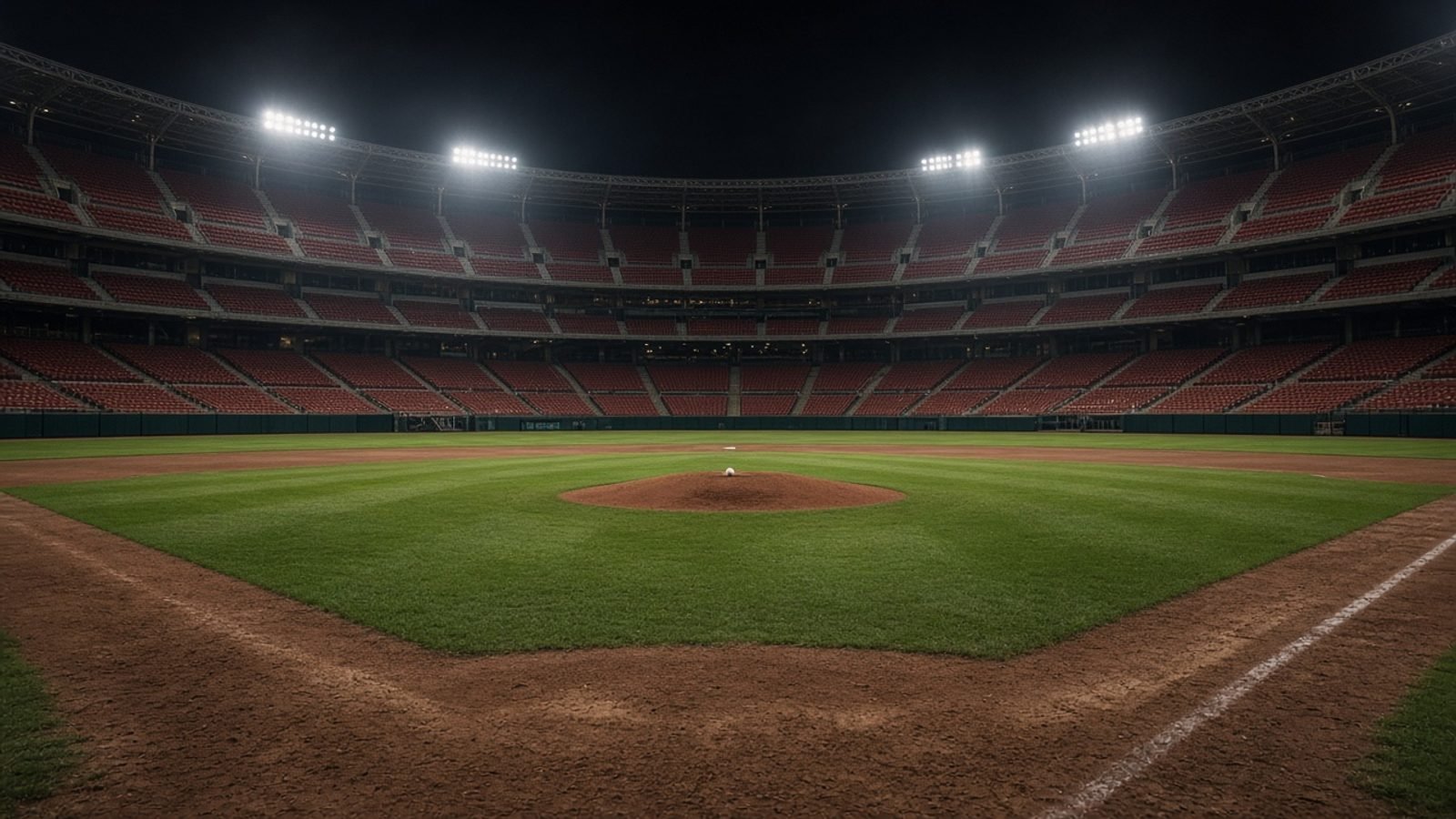 An empty baseball diamond at night under floodlights