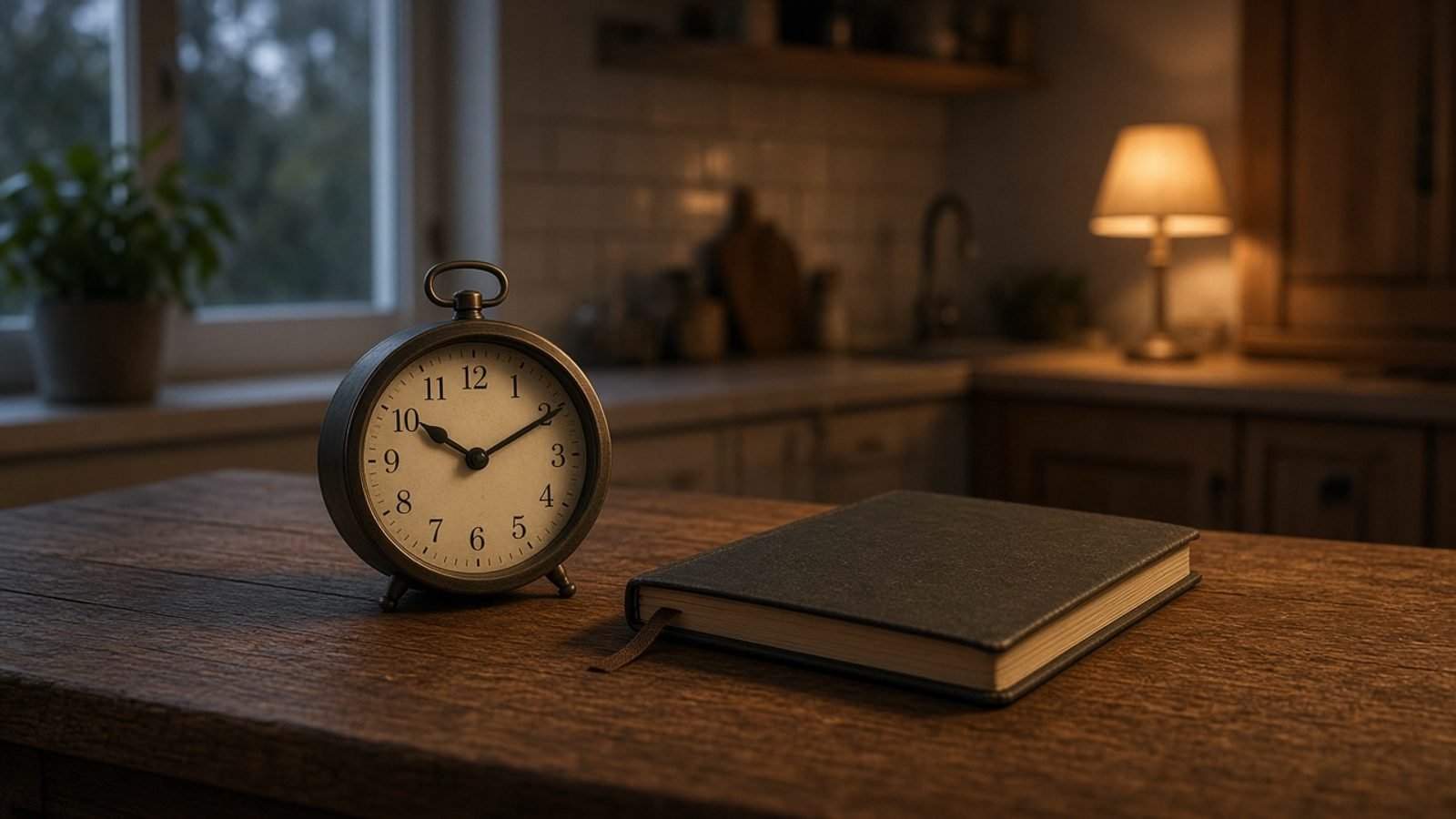 An analog clock and a closed notebook on a kitchen table in evening light