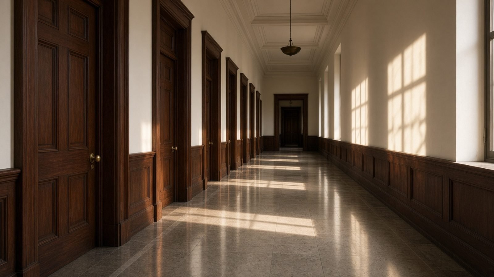 An empty federal courthouse corridor with wooden doors