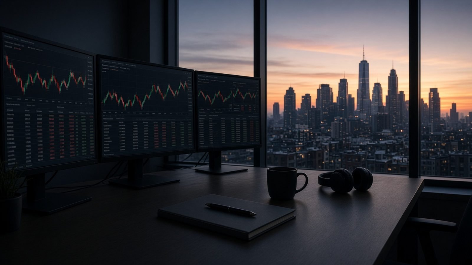 A pre-market trading desk with dark monitors at dawn