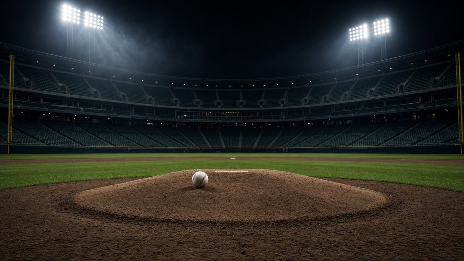 An empty baseball stadium at night under floodlights