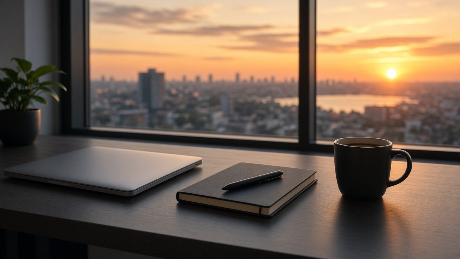 Wednesday morning news desk with a closed laptop and coffee at sunrise