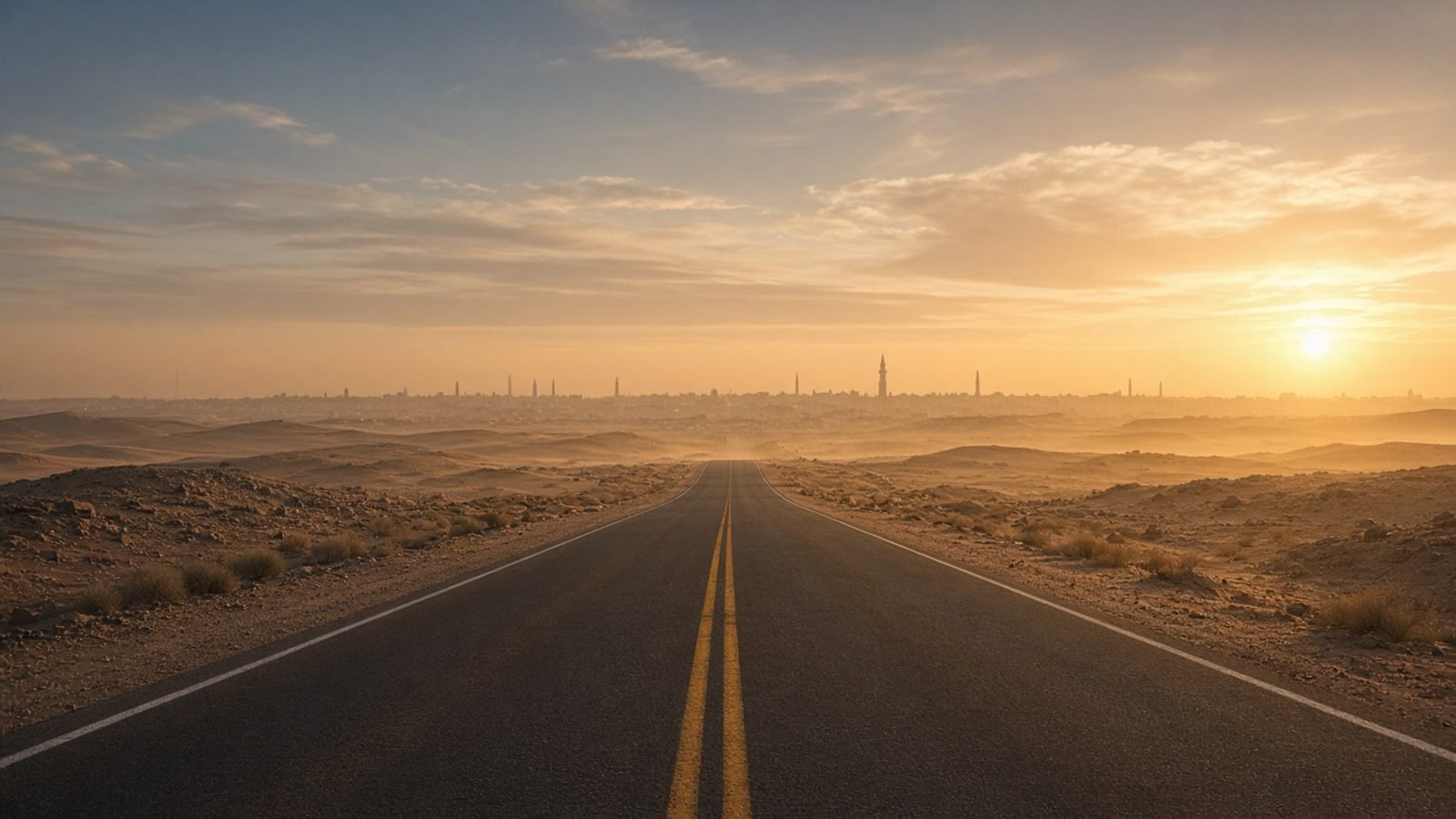 A desert highway at sunset pointing toward a distant city skyline