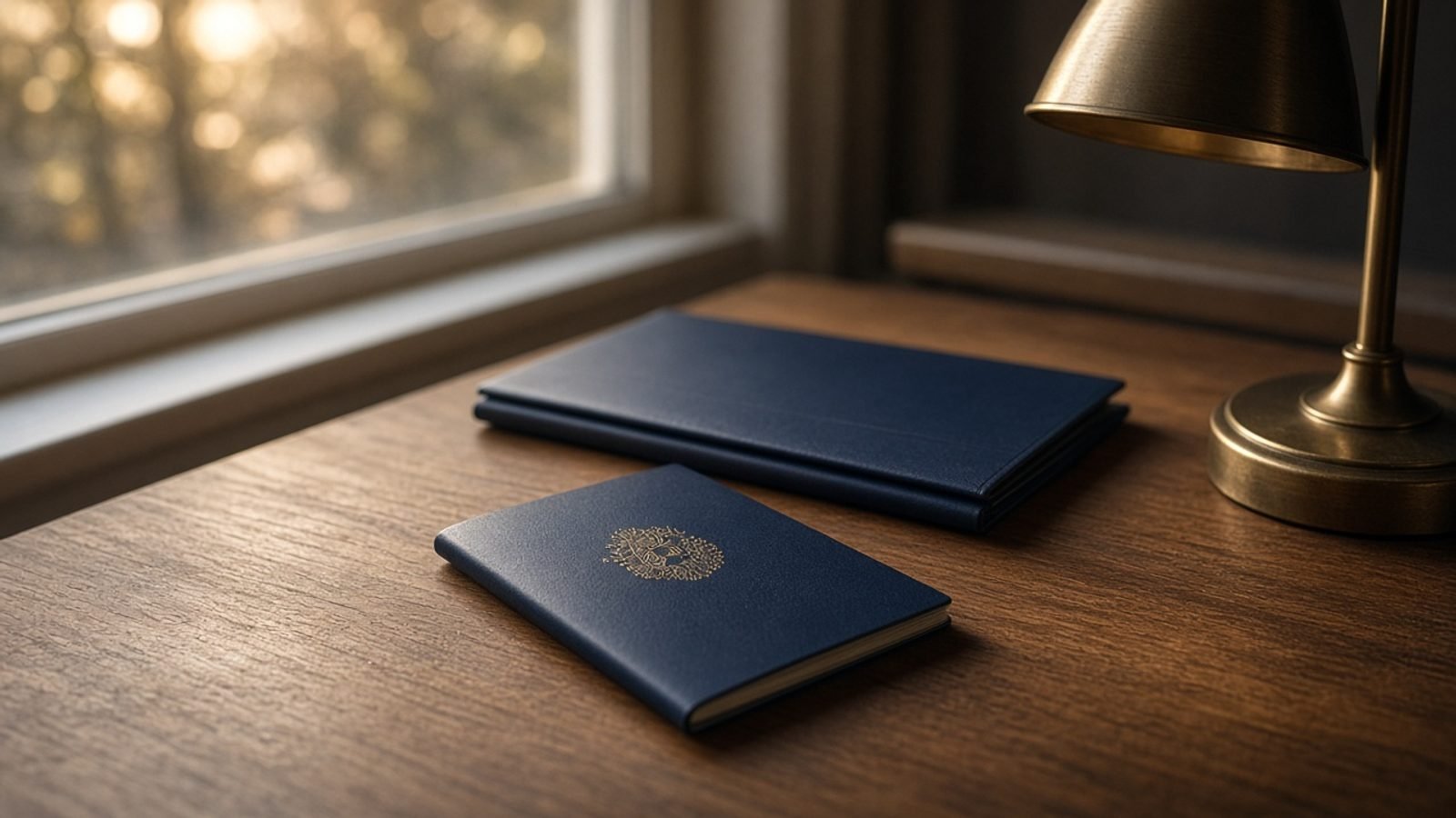 A closed blue passport booklet on a wooden desk by a window