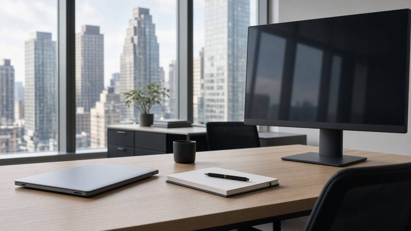 An empty office desk with a closed laptop and a dark monitor