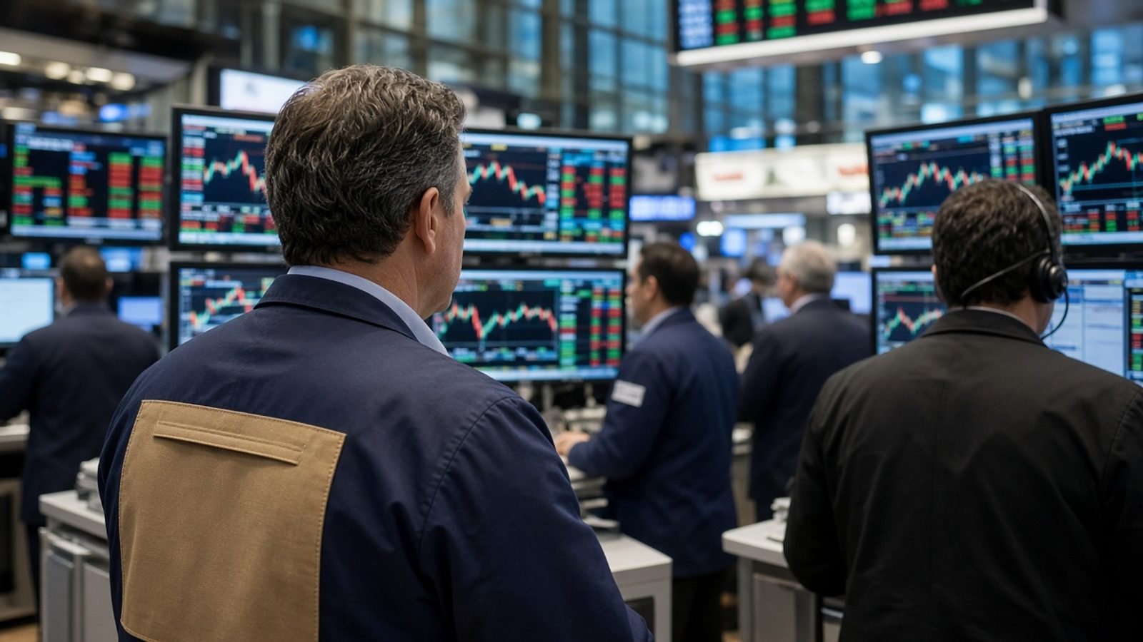 Traders watching monitors on a stock-exchange floor at midday