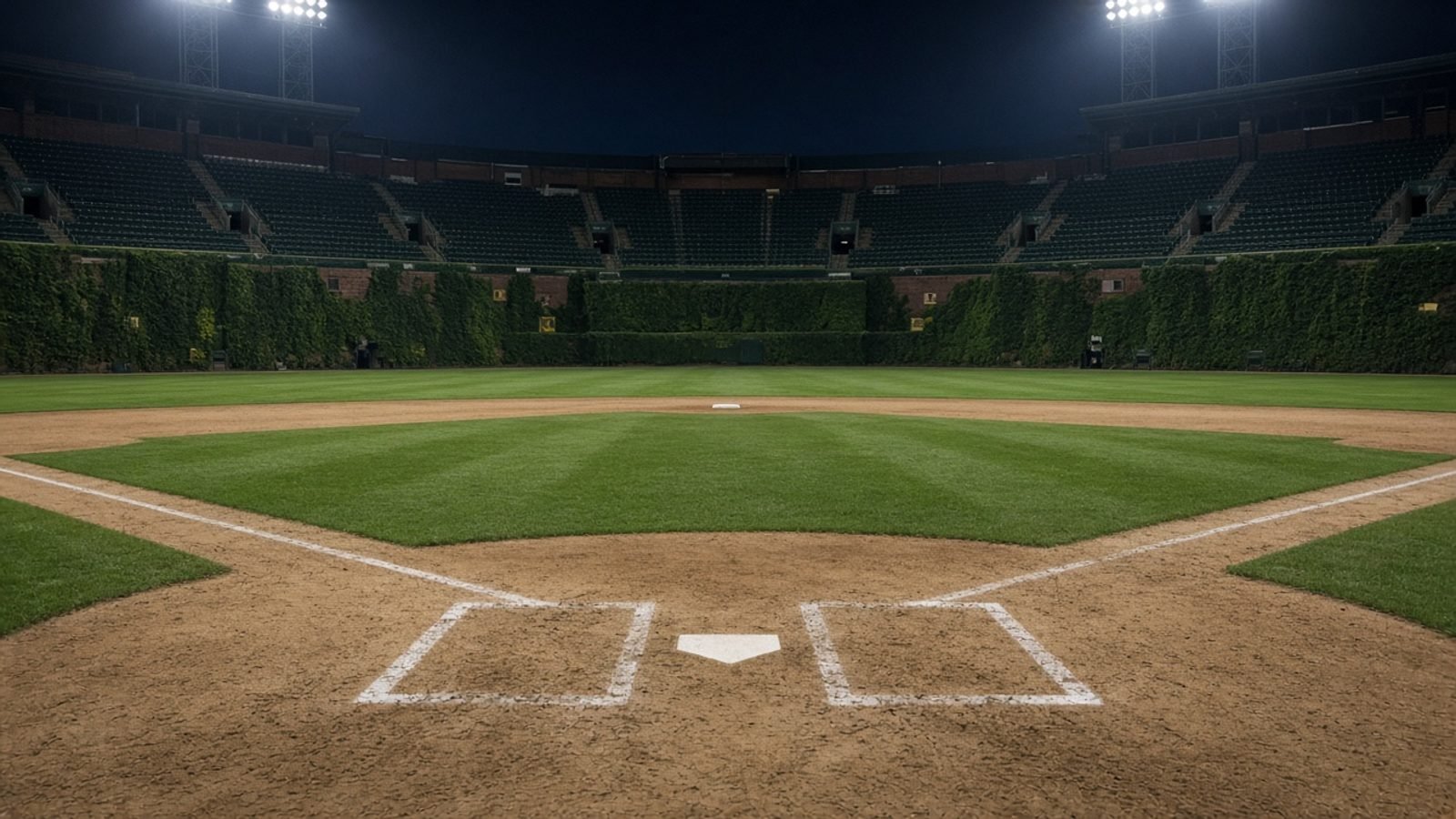 An empty baseball diamond at night under floodlights