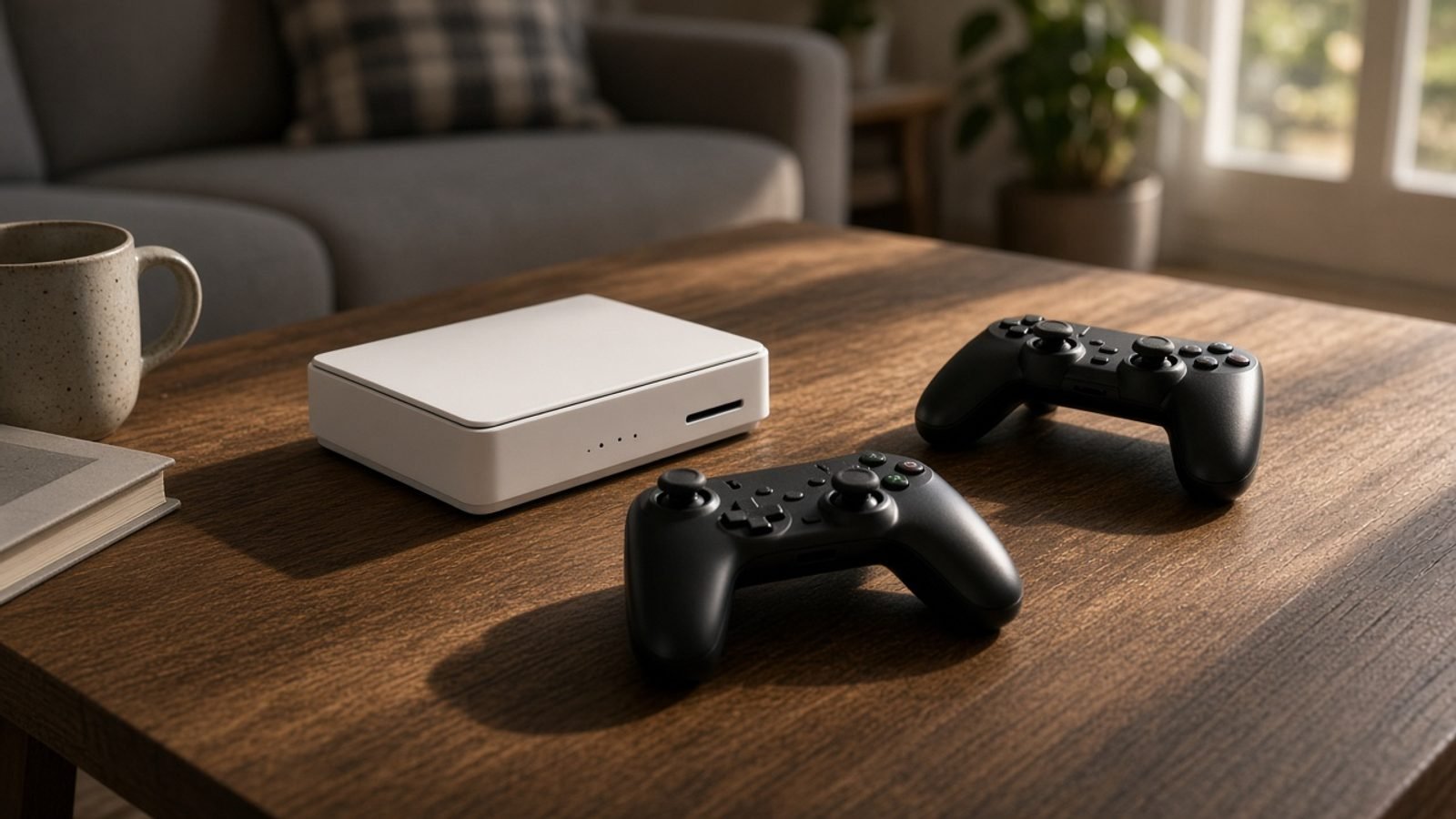 Two game controllers and a small console on a sunlit wooden table