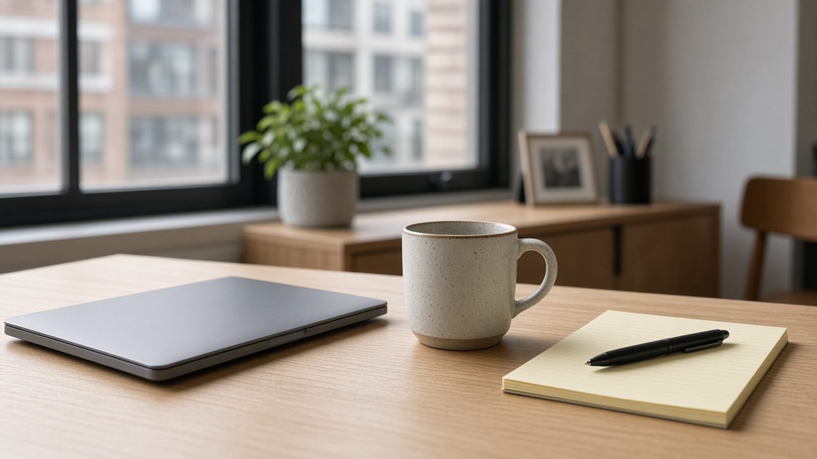 Wednesday afternoon news desk with a closed laptop and coffee