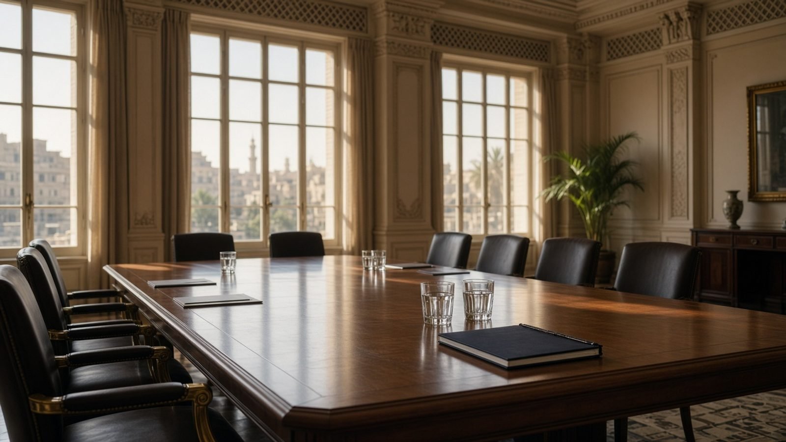 An empty diplomatic conference table with water glasses in late light