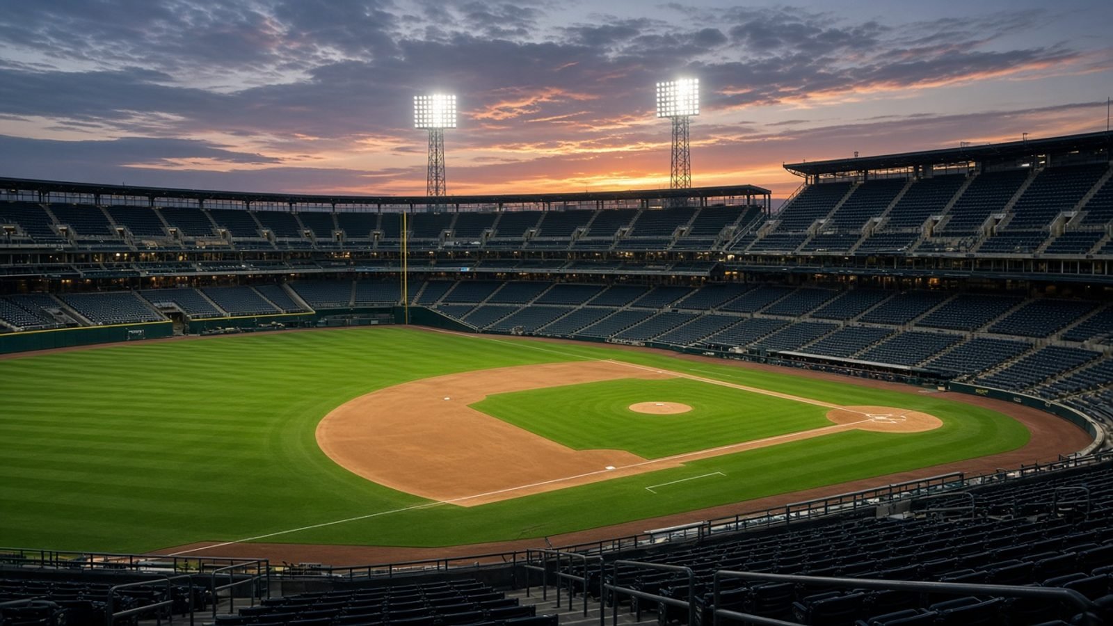 An empty baseball stadium at dusk under floodlights