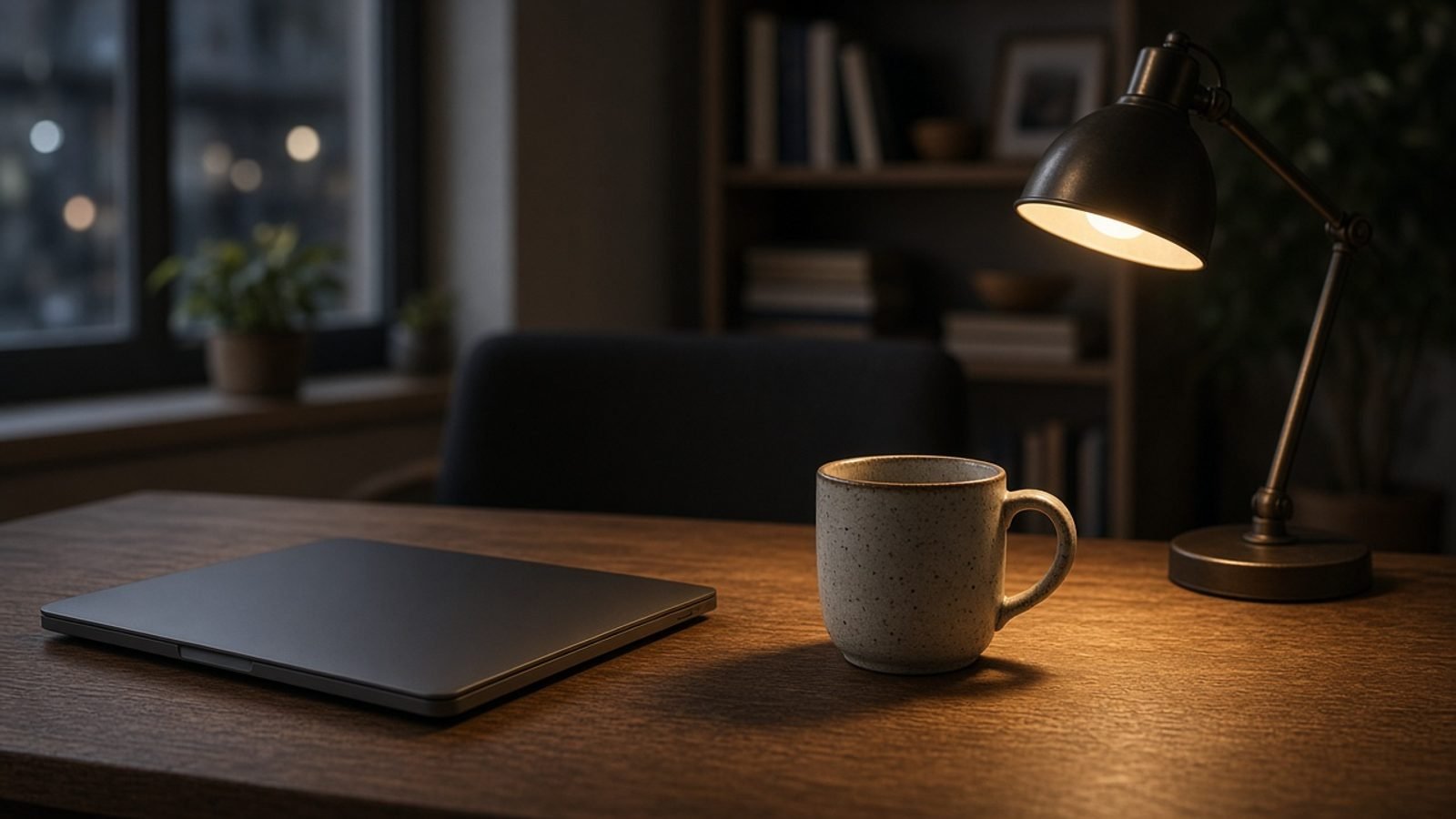 Wednesday evening news desk with a closed laptop and coffee