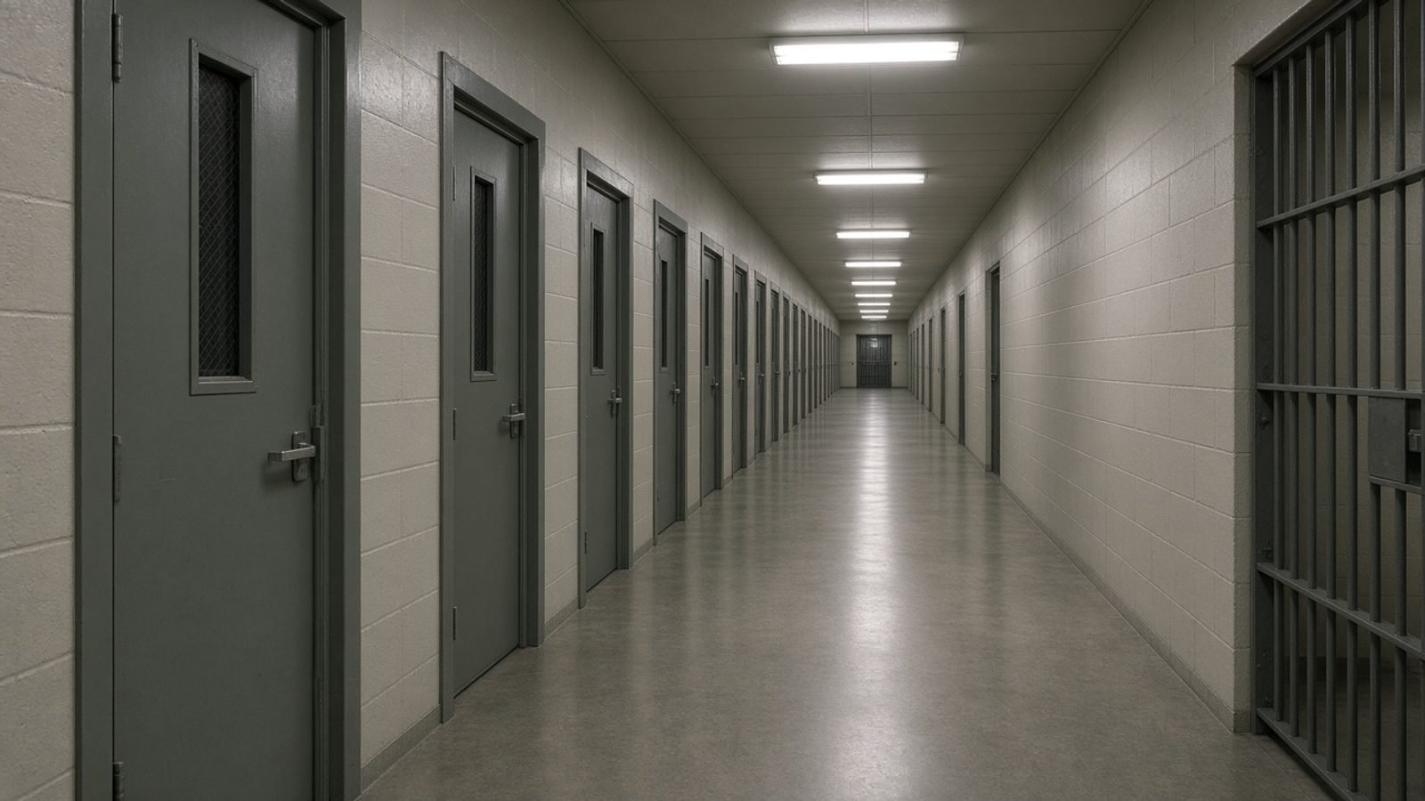 An empty county jail corridor with metal doors